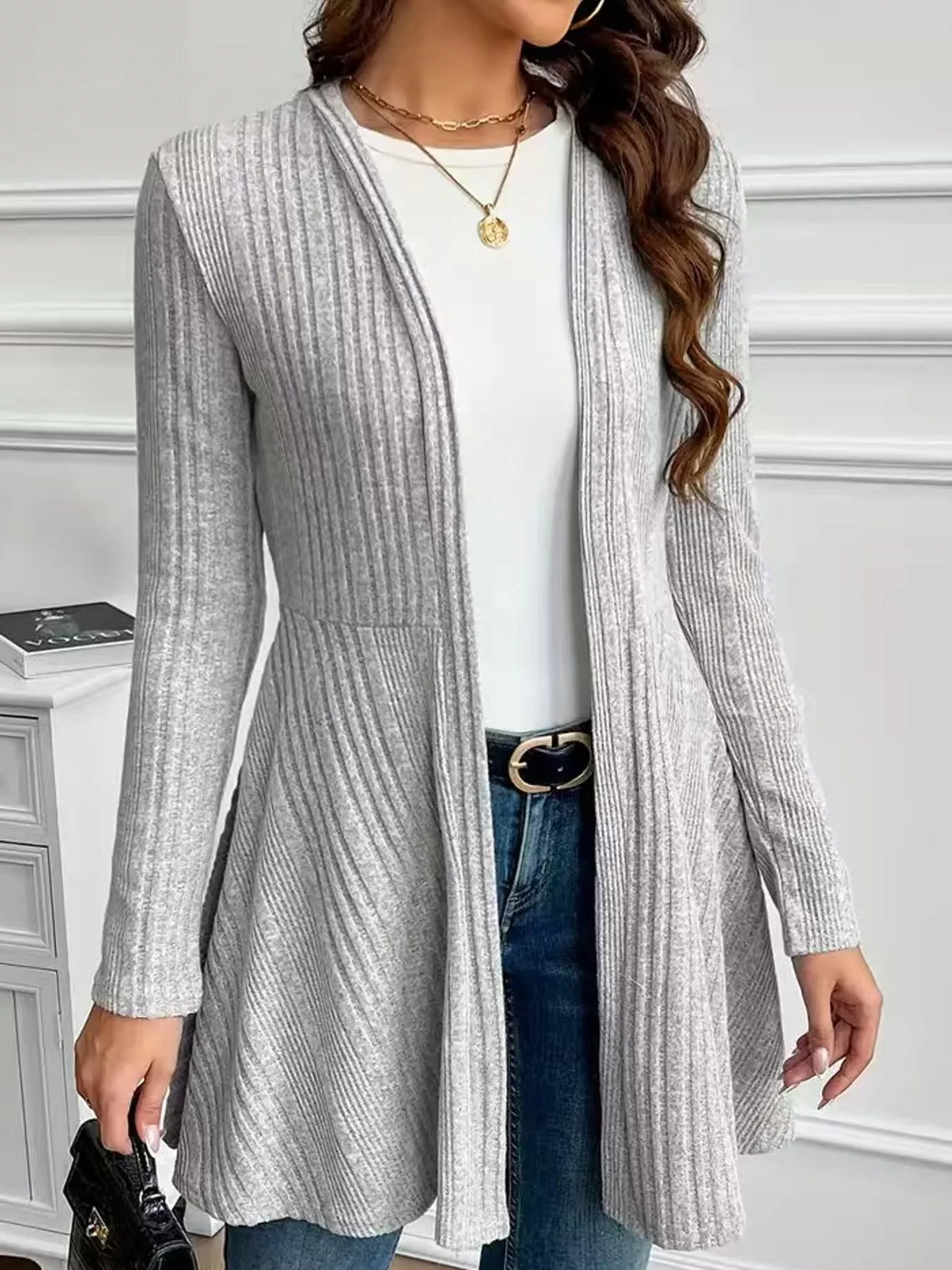 Gray ribbed knit open front cardigan