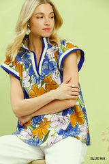 Trendsi Umgee Floral Print Blouse with Contrast Trim -