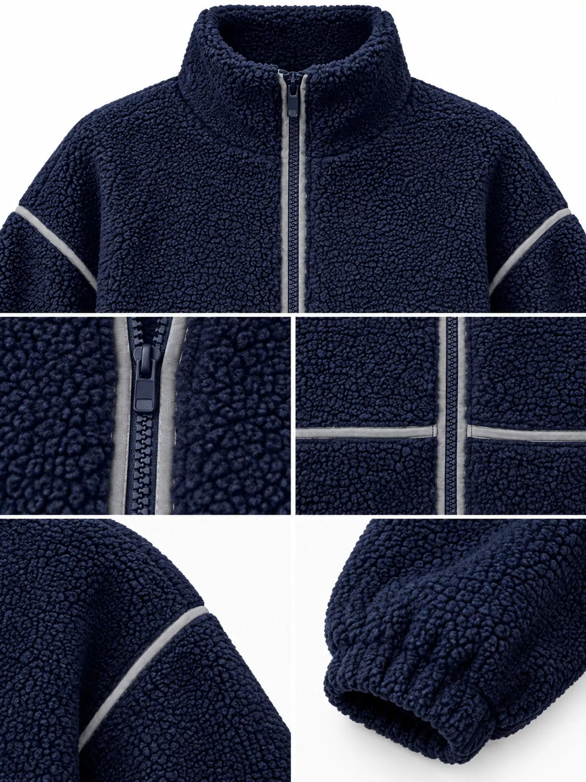 Stand Collar Sherpa Fleece Zip-Up Jacket — garment construction details