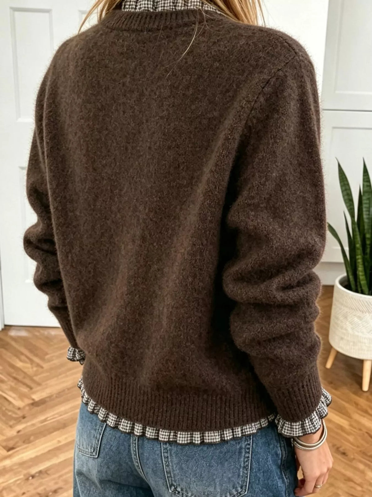Contrast Plaid Ruffle Trim Pullover Sweater — back view