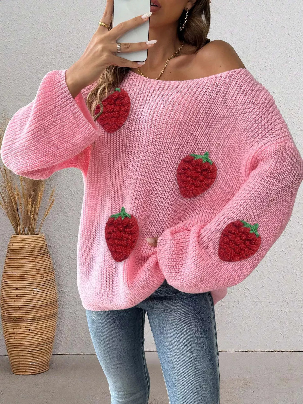 Trendsi Strawberry Applique Oversized Sweater -
