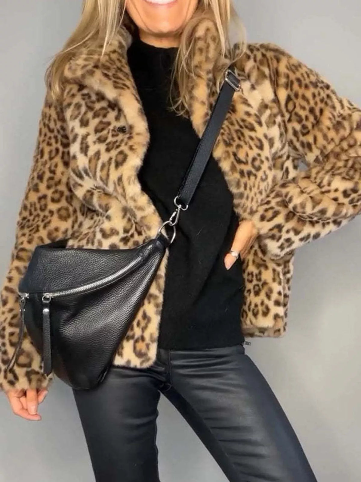 Open Front Leopard Print Faux Fur Jacket — front view