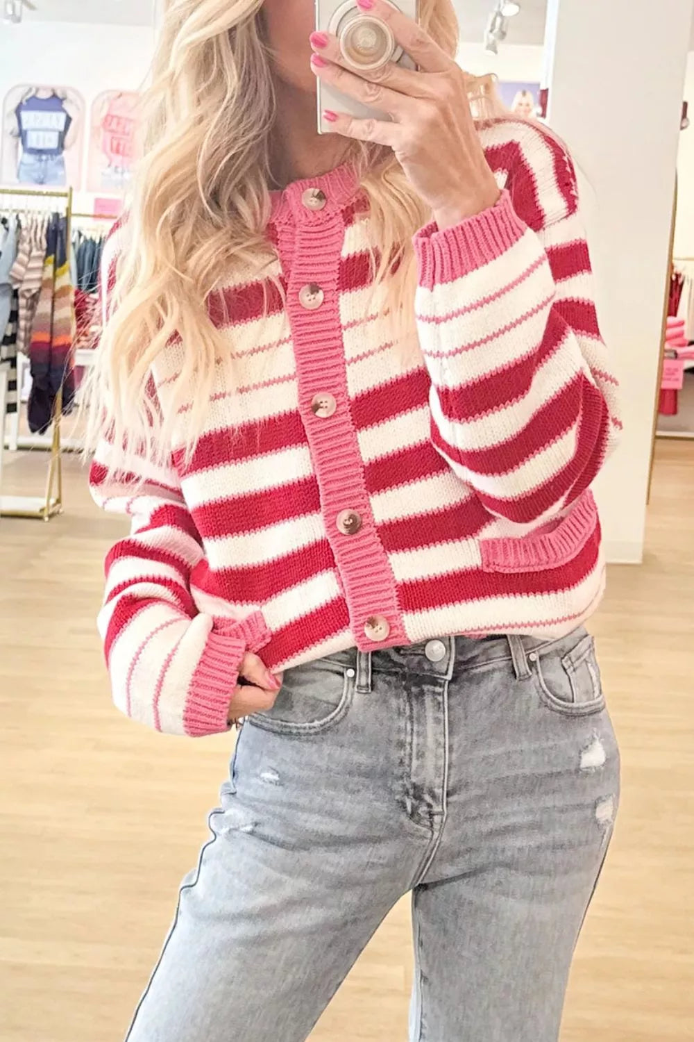 Trendsi Stripe V Neck Long Sleeve Regular Fit Cardigan -