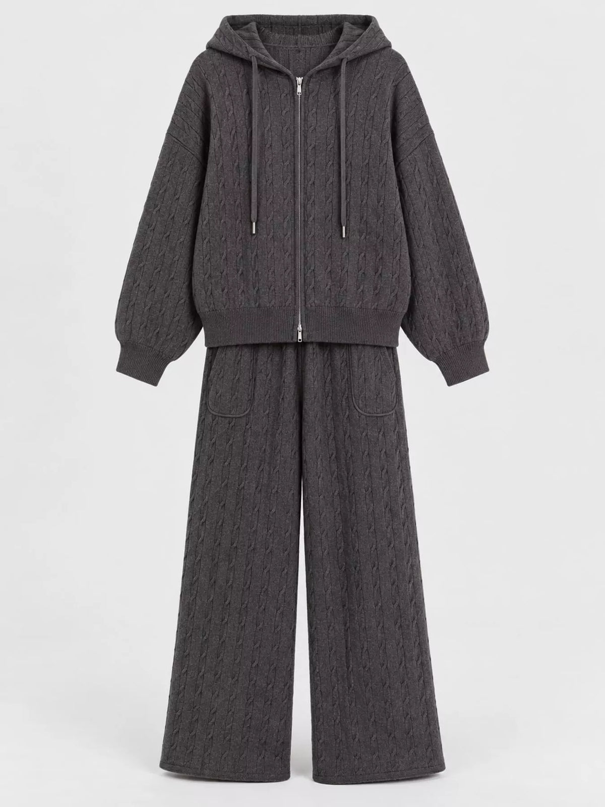 Cable-knit cardigan and pants set, gray flat lay