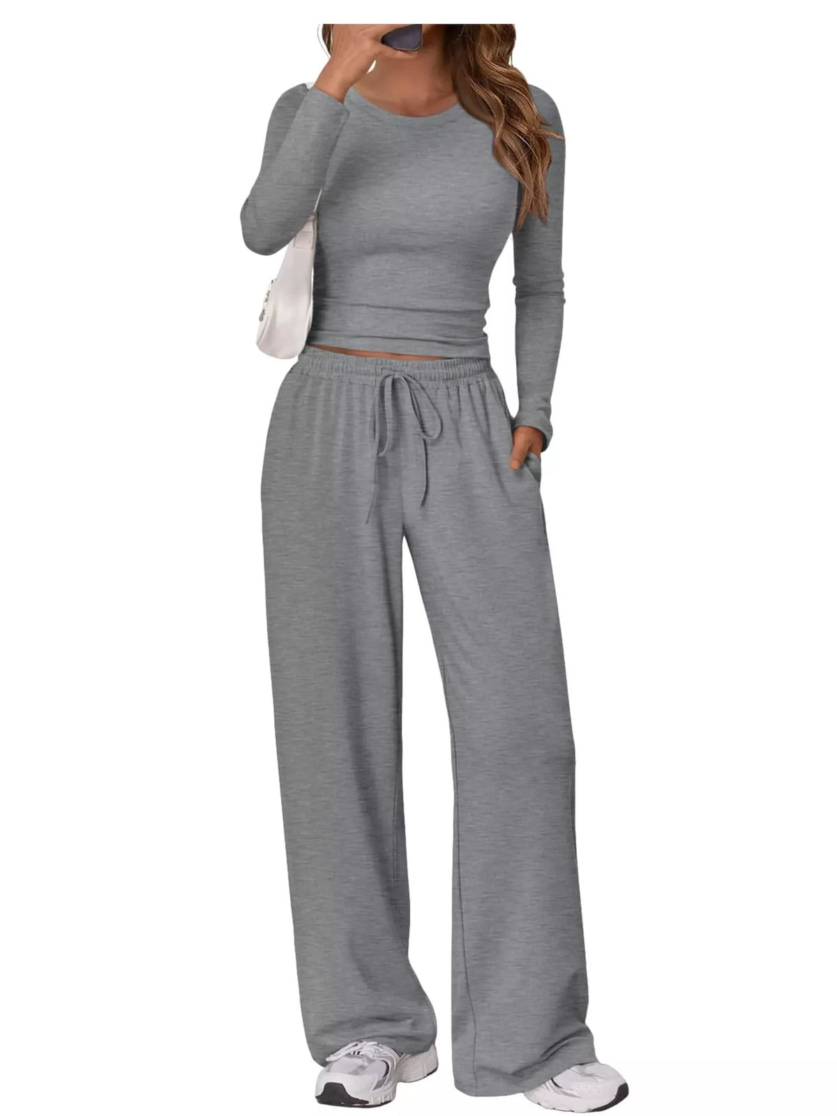 Long Sleeve Top and Wide-Leg Drawstring Pants Set — front view