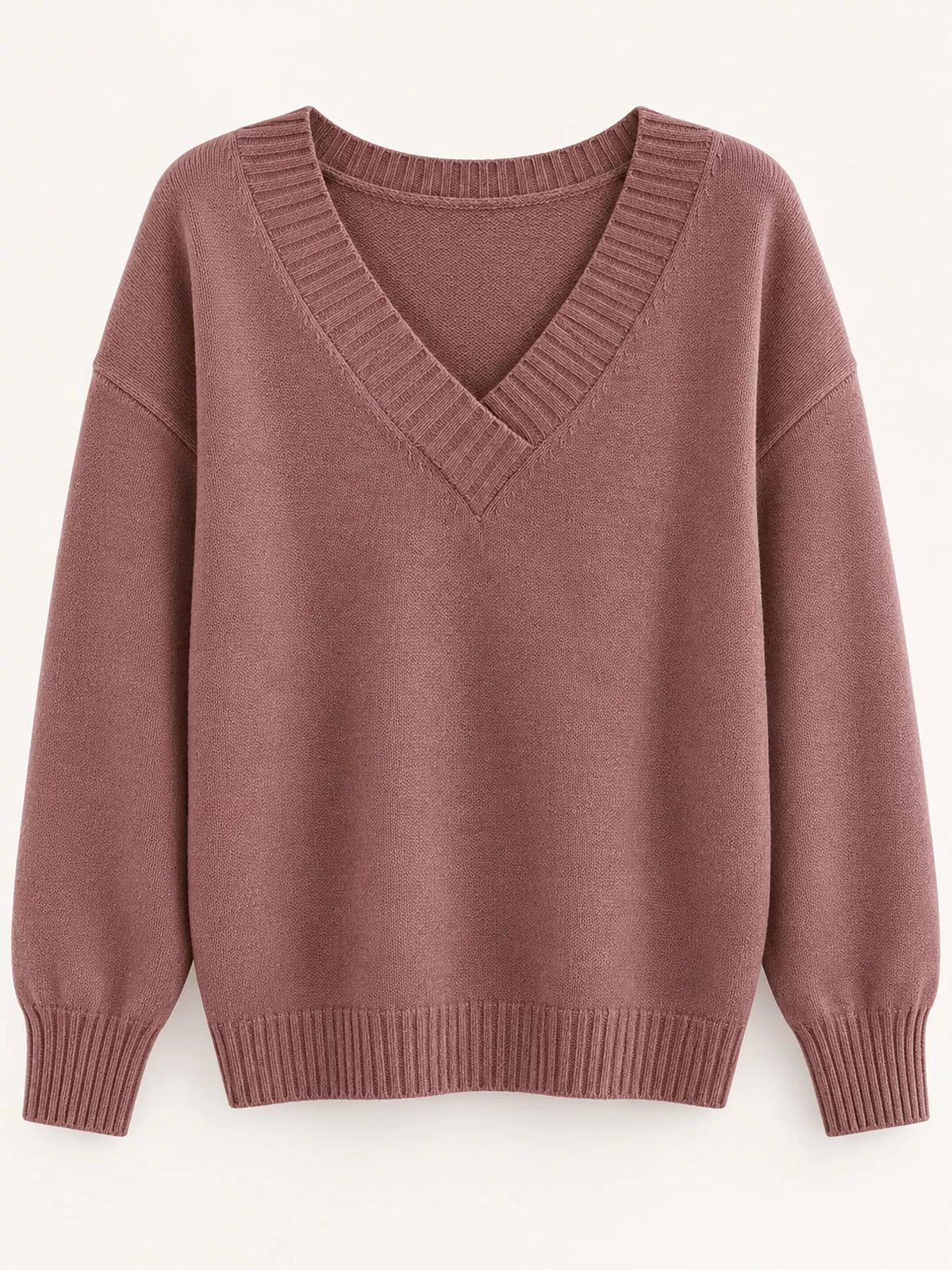 V-neck sweater, mauve flat lay
