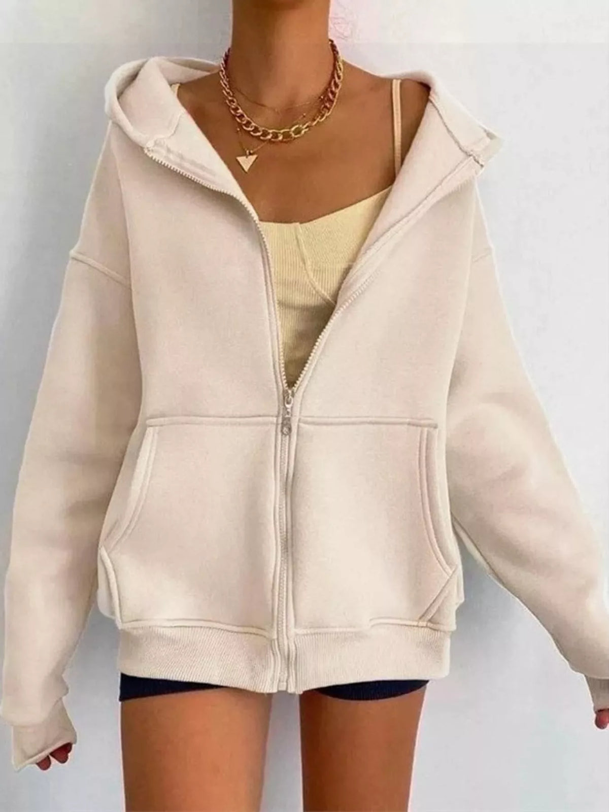 Women's Zip-Up Dropped Shoulder Hoodie in cream — front view