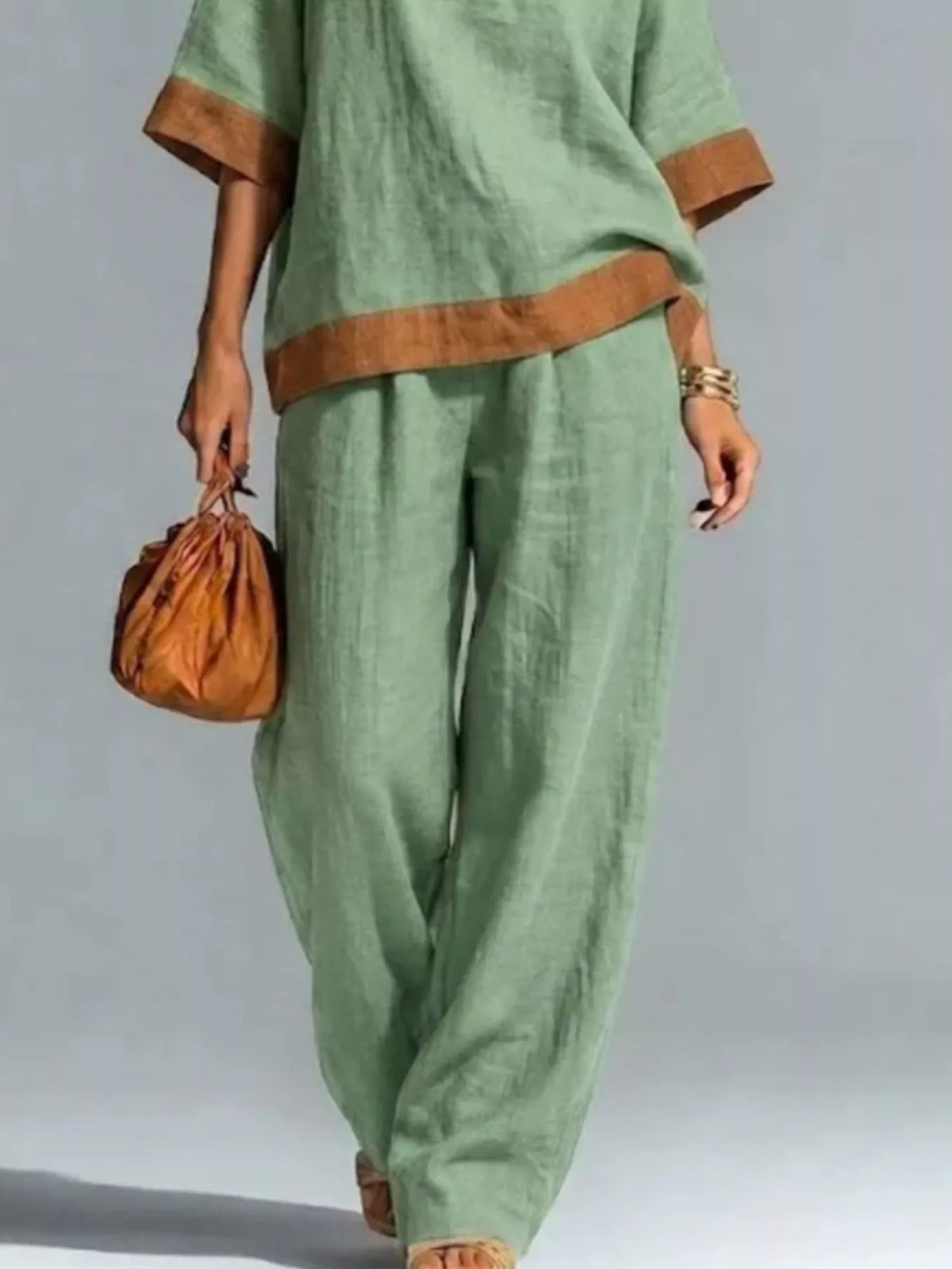 Trendsi Full Size Contrast Trim Top and Wide Leg Pants Set Plus Size -