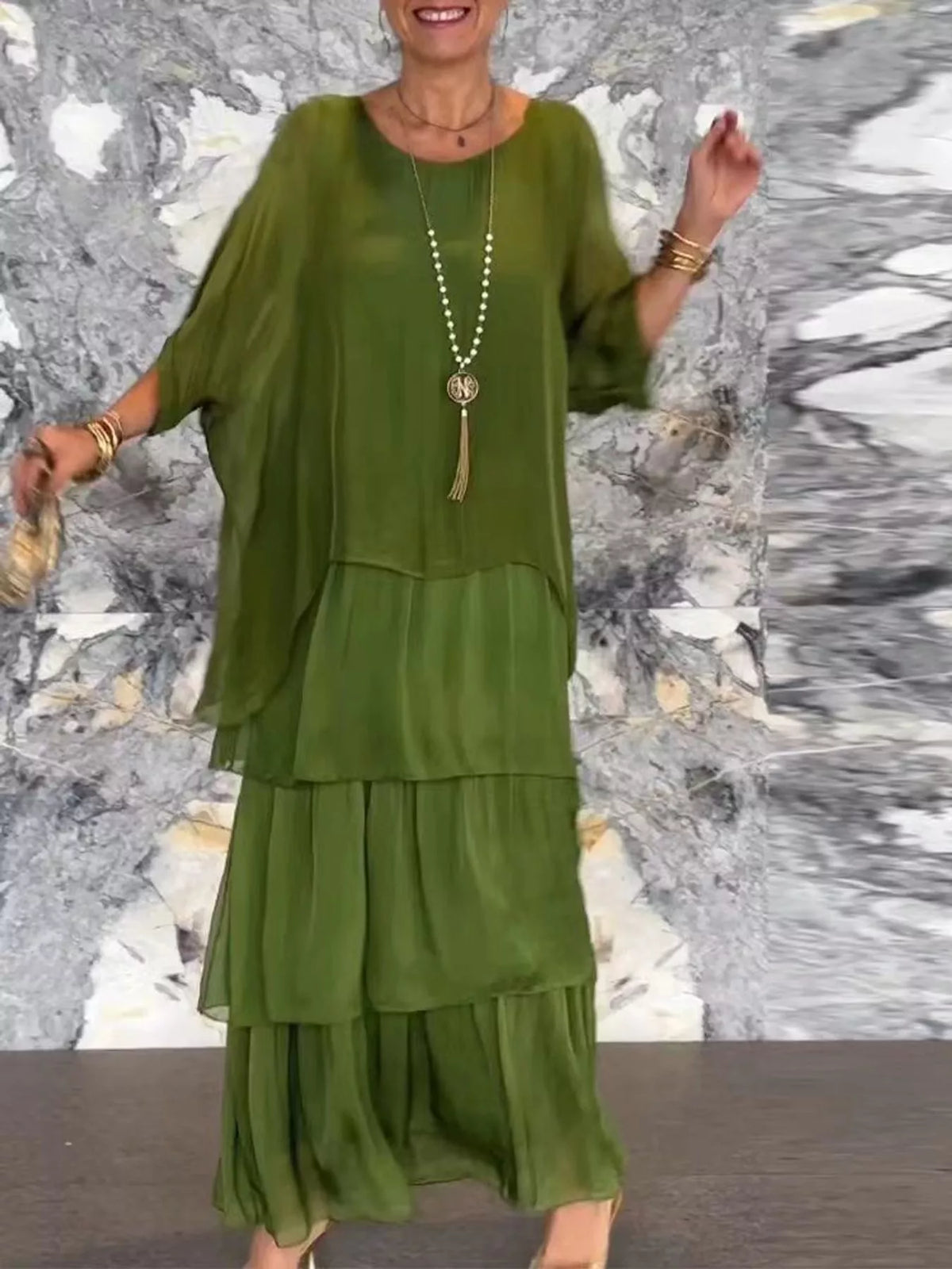 Layered maxi dress, olive front