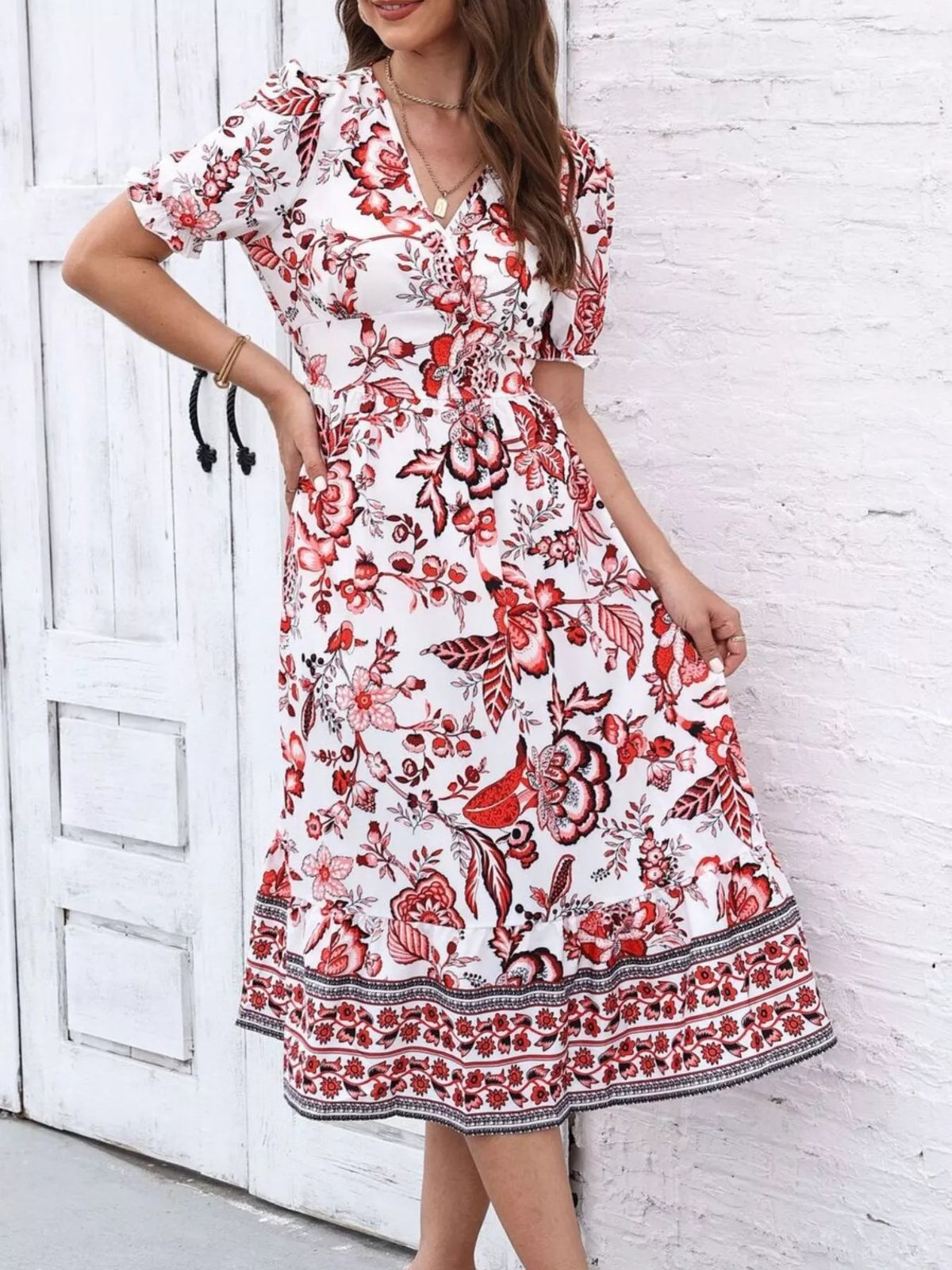 Trendsi Floral Print Puff Sleeve Wrap Midi Dress -