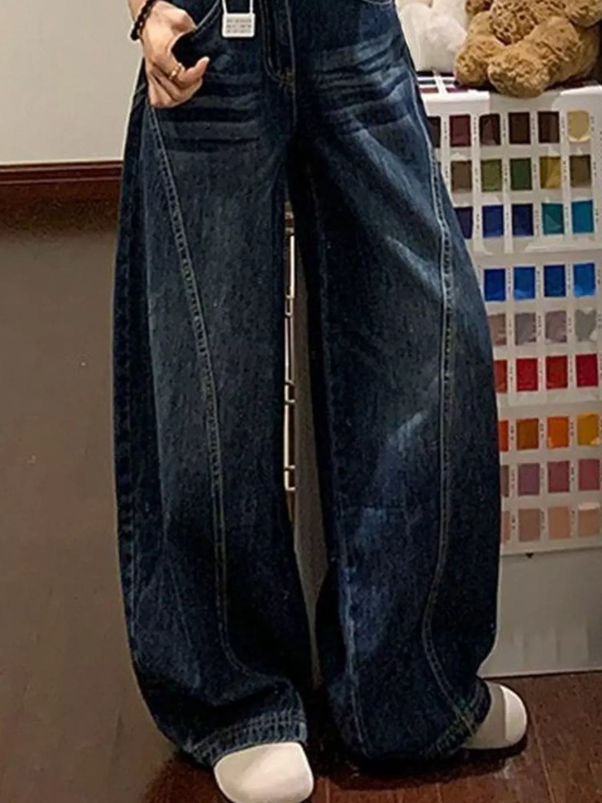 High-Waisted Wide-Leg Asymmetric Seam Vintage Wash Jeans — front view
