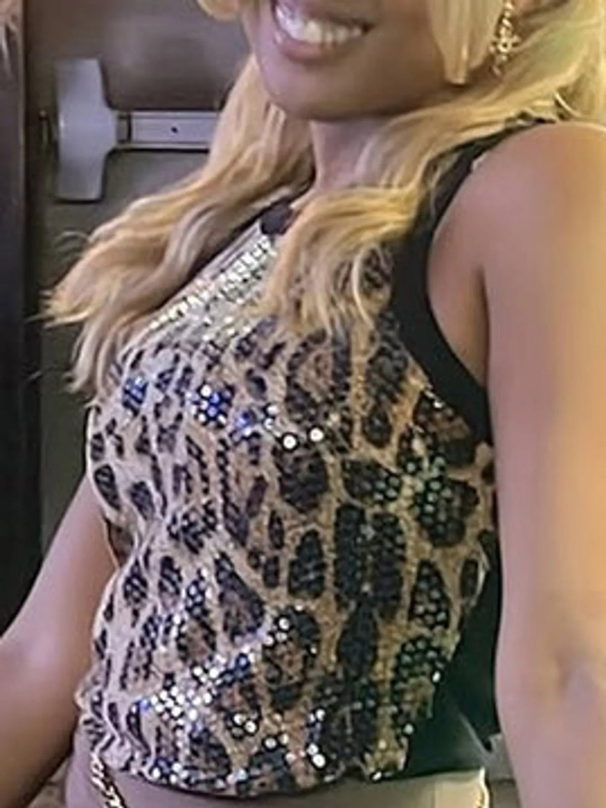 Brown leopard-print sequin round neck tank