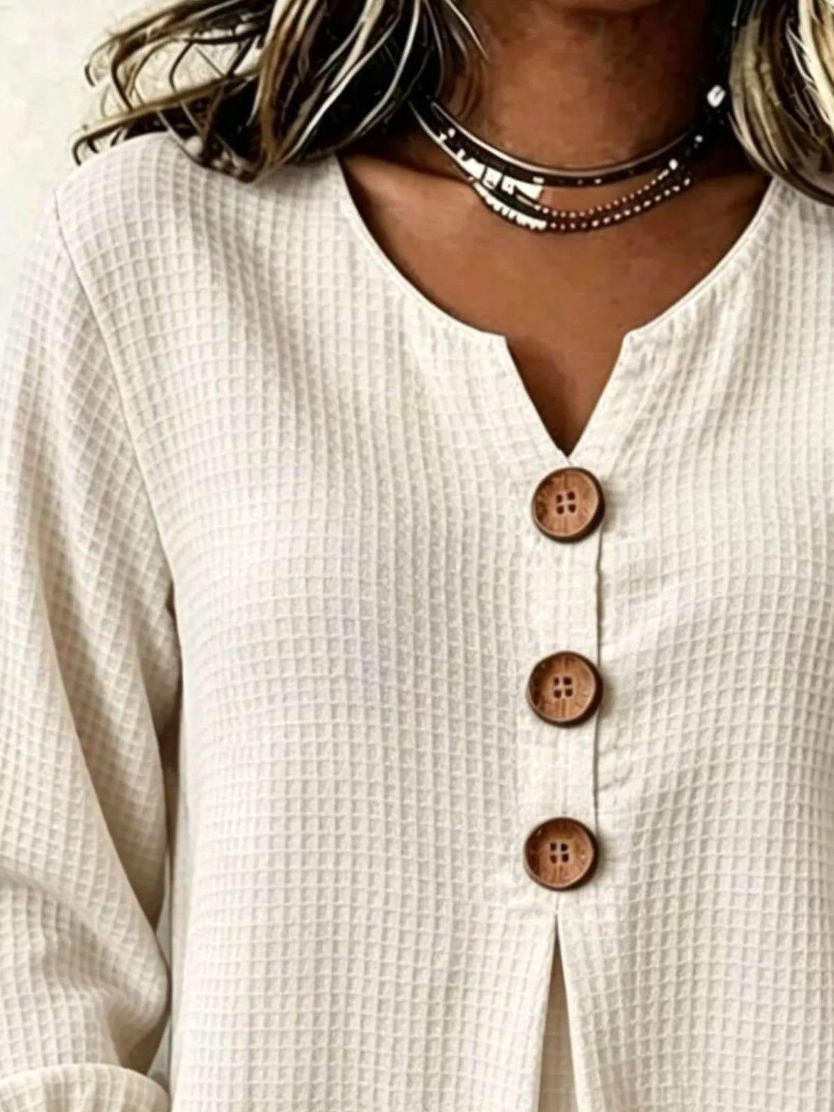 Cream waffle knit blouse, split neckline and buttons