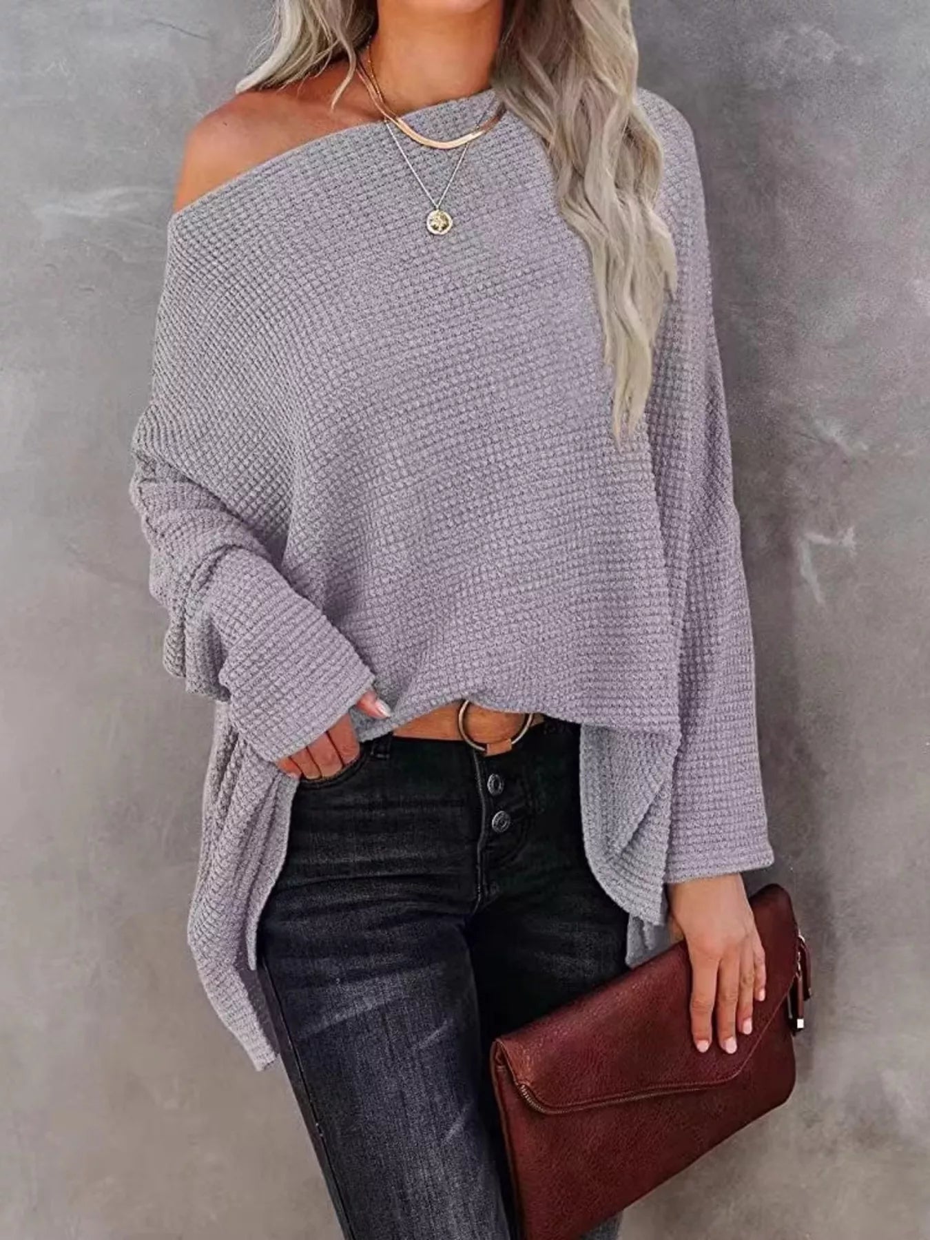 Trendsi Boat Neck Waffle Knit Top -