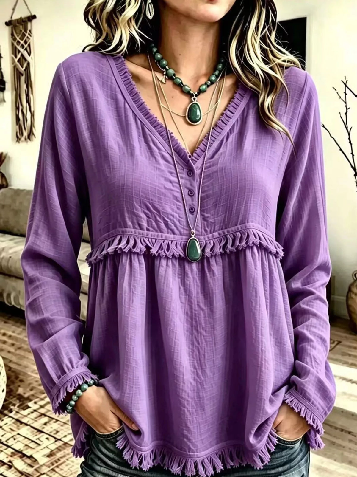 Fringe-trim blouse, purple front