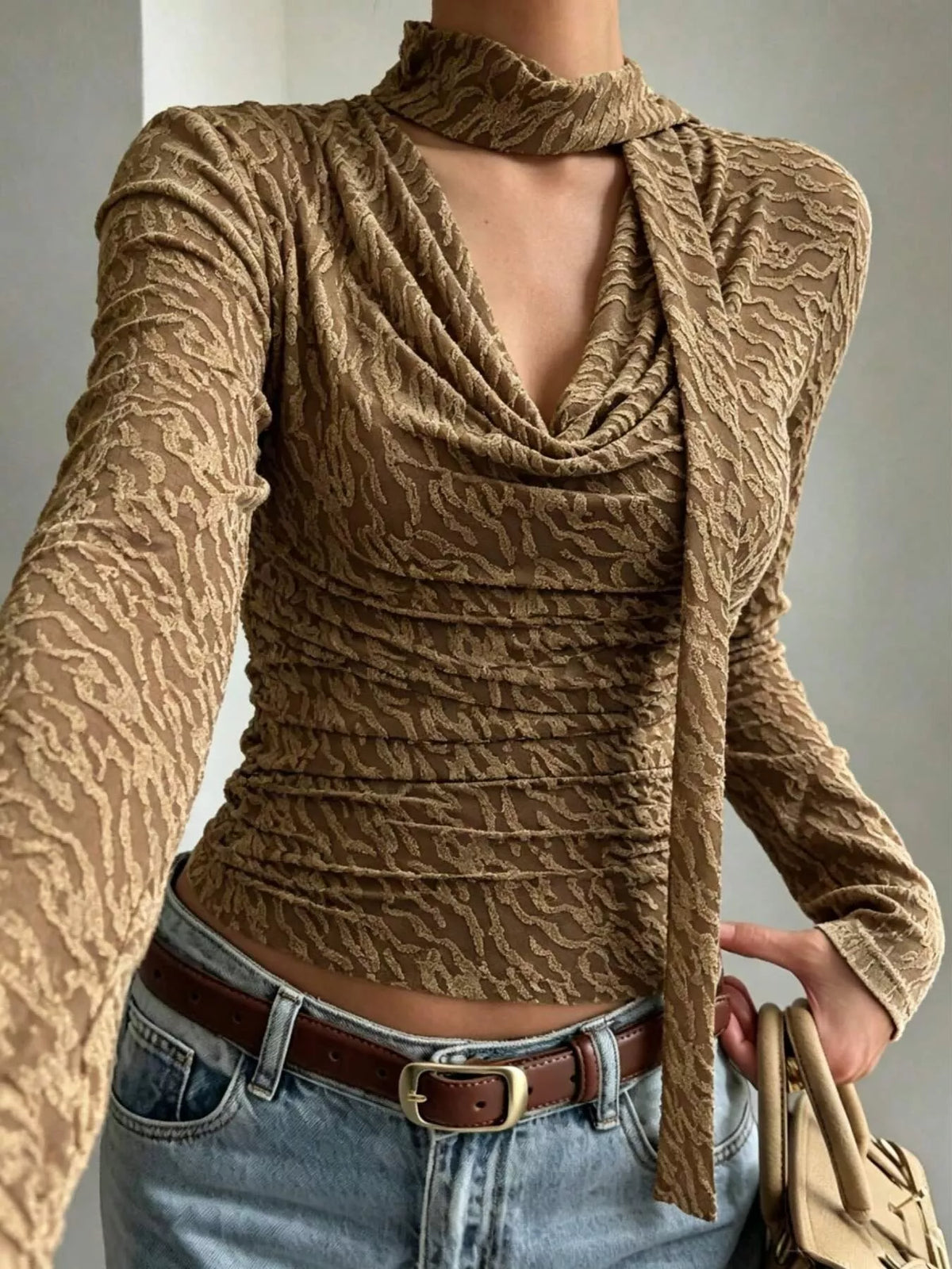 Women's Textured Cowl Neck Long Sleeve Blouse with Scarf Detail in brown — front view