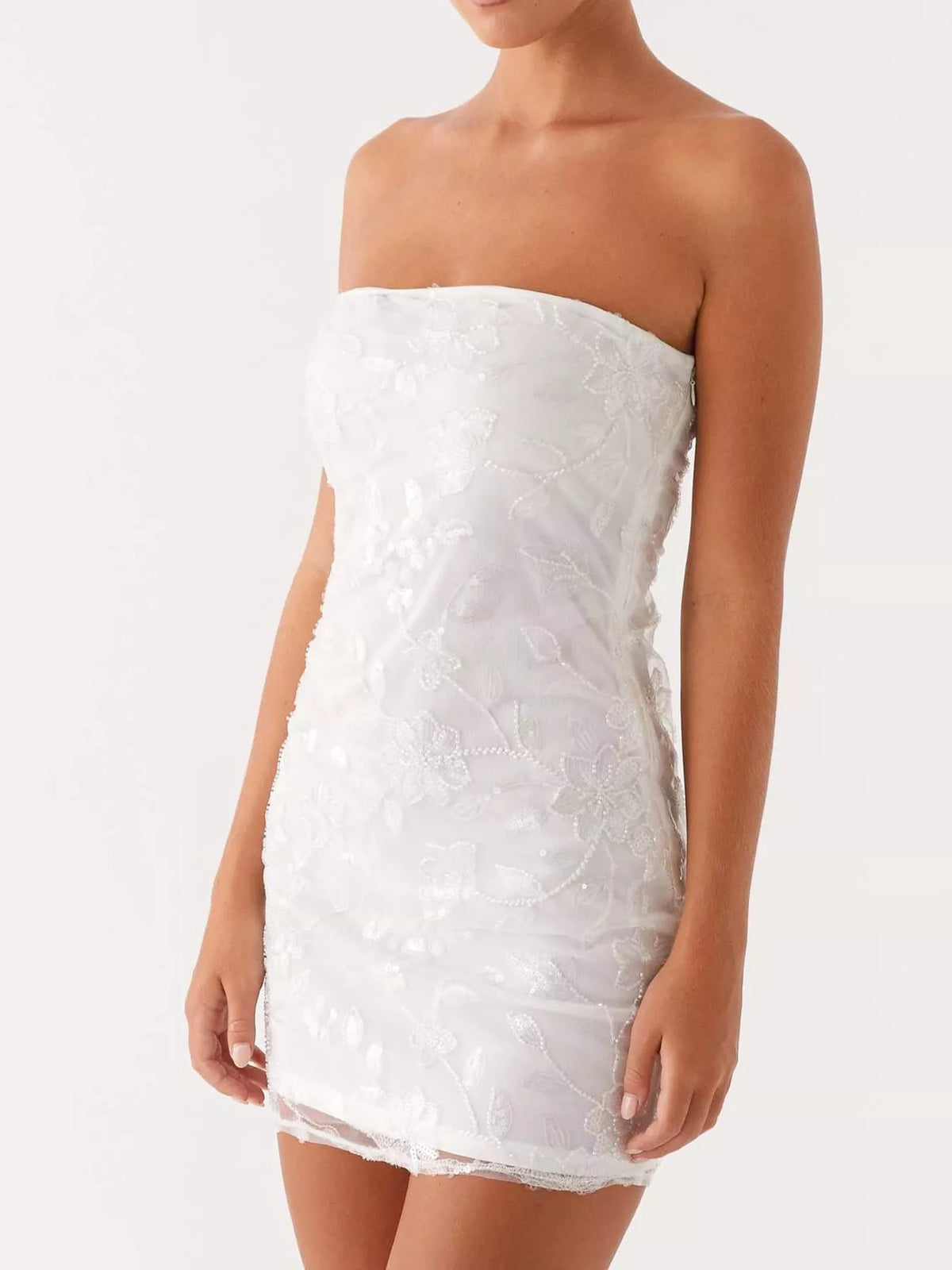 strapless mini dress, side view