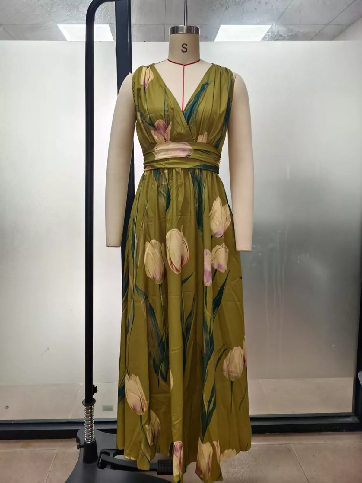 Women's Sleeveless Floral Print Maxi Dress in green floral — mannequin front view