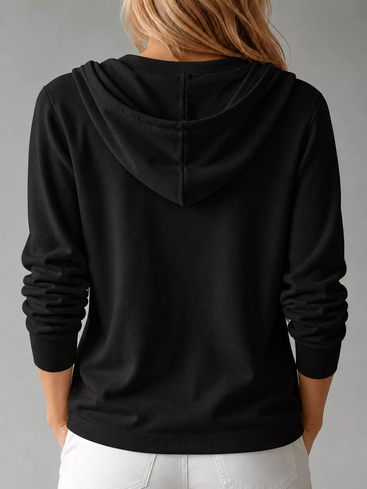 Hooded long sleeve cardigan, back view