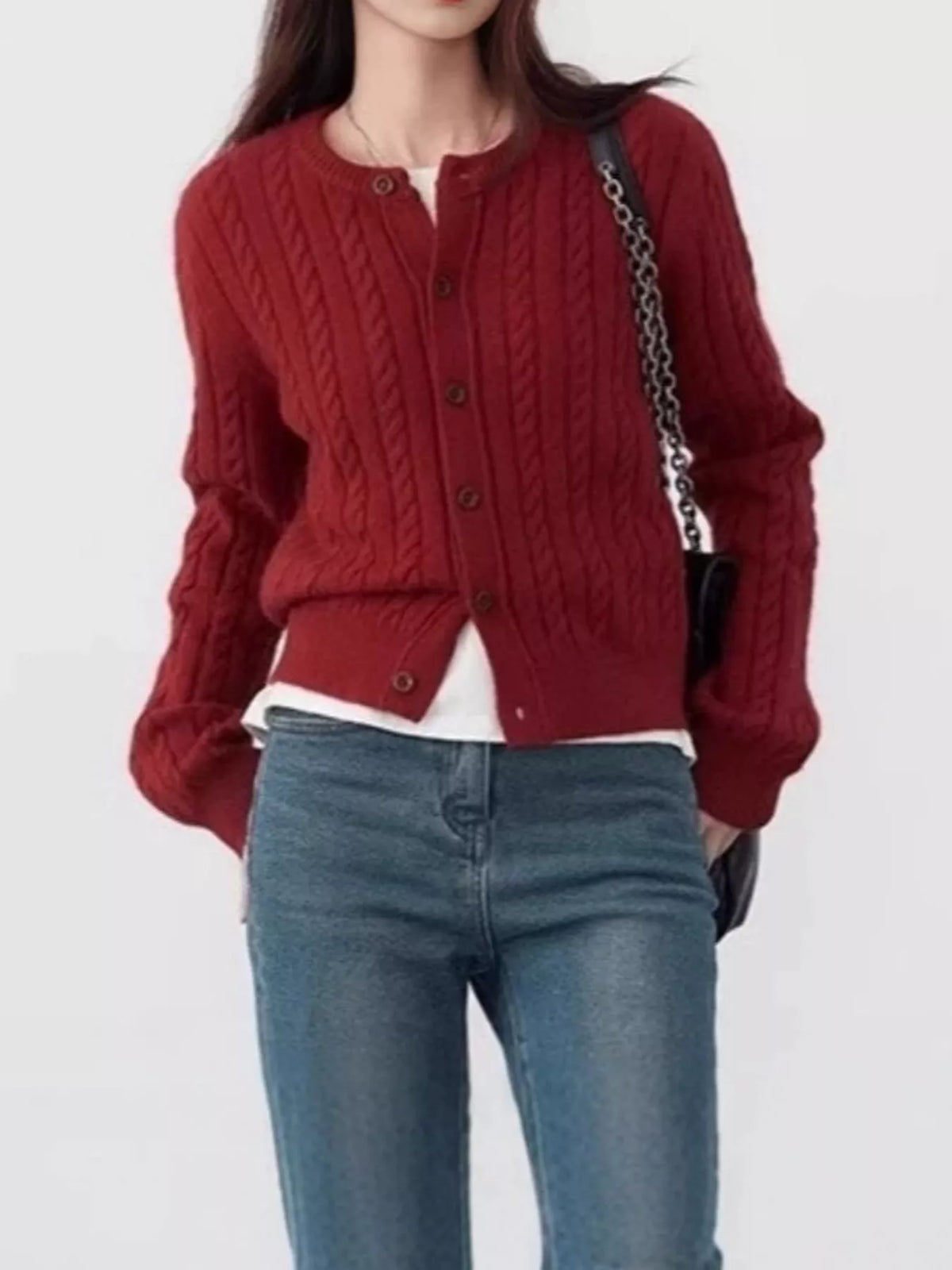 Cable-Knit Button-Down Cardigan in burgundy, front view