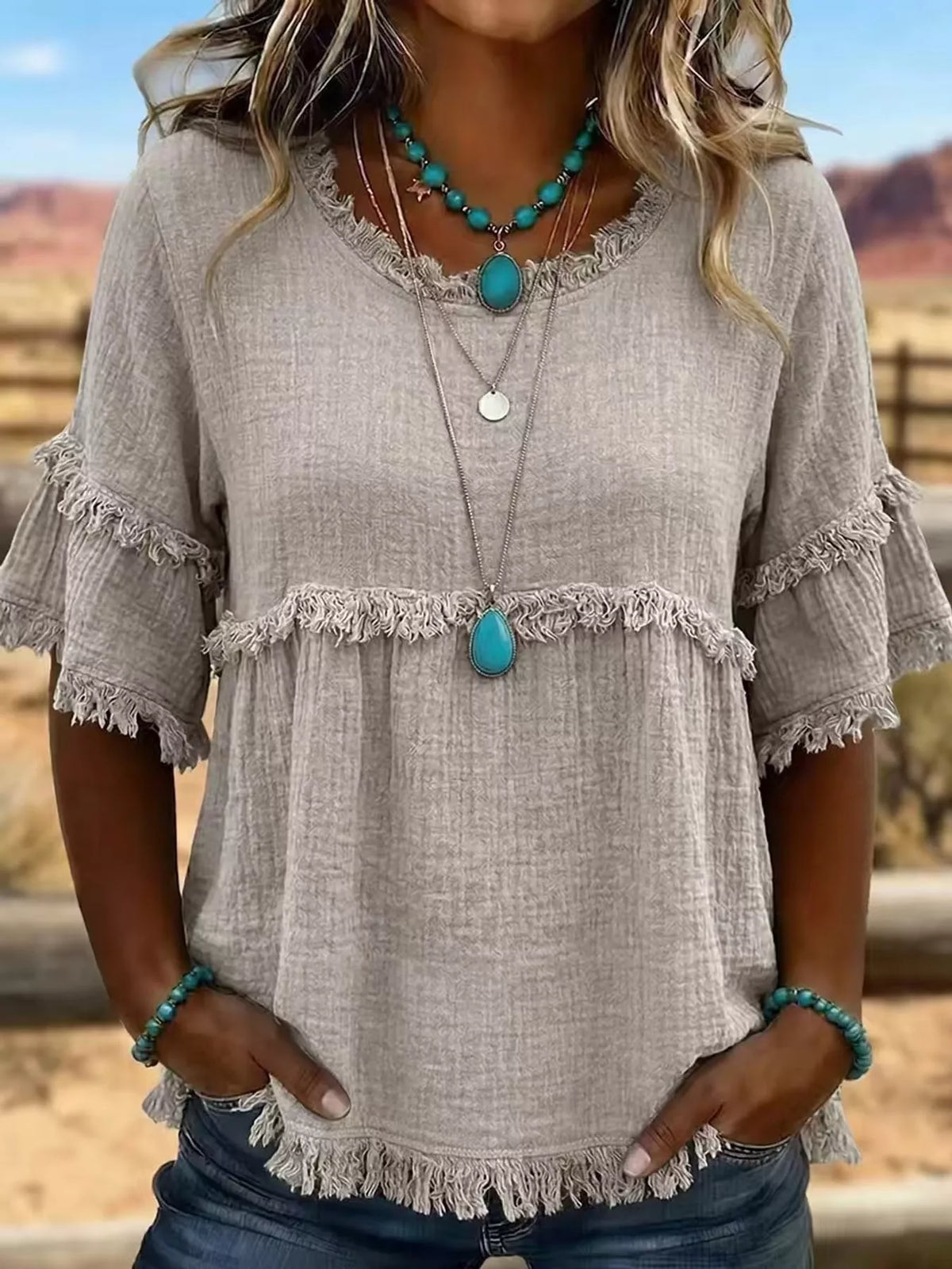 Gray frayed edge textured blouse