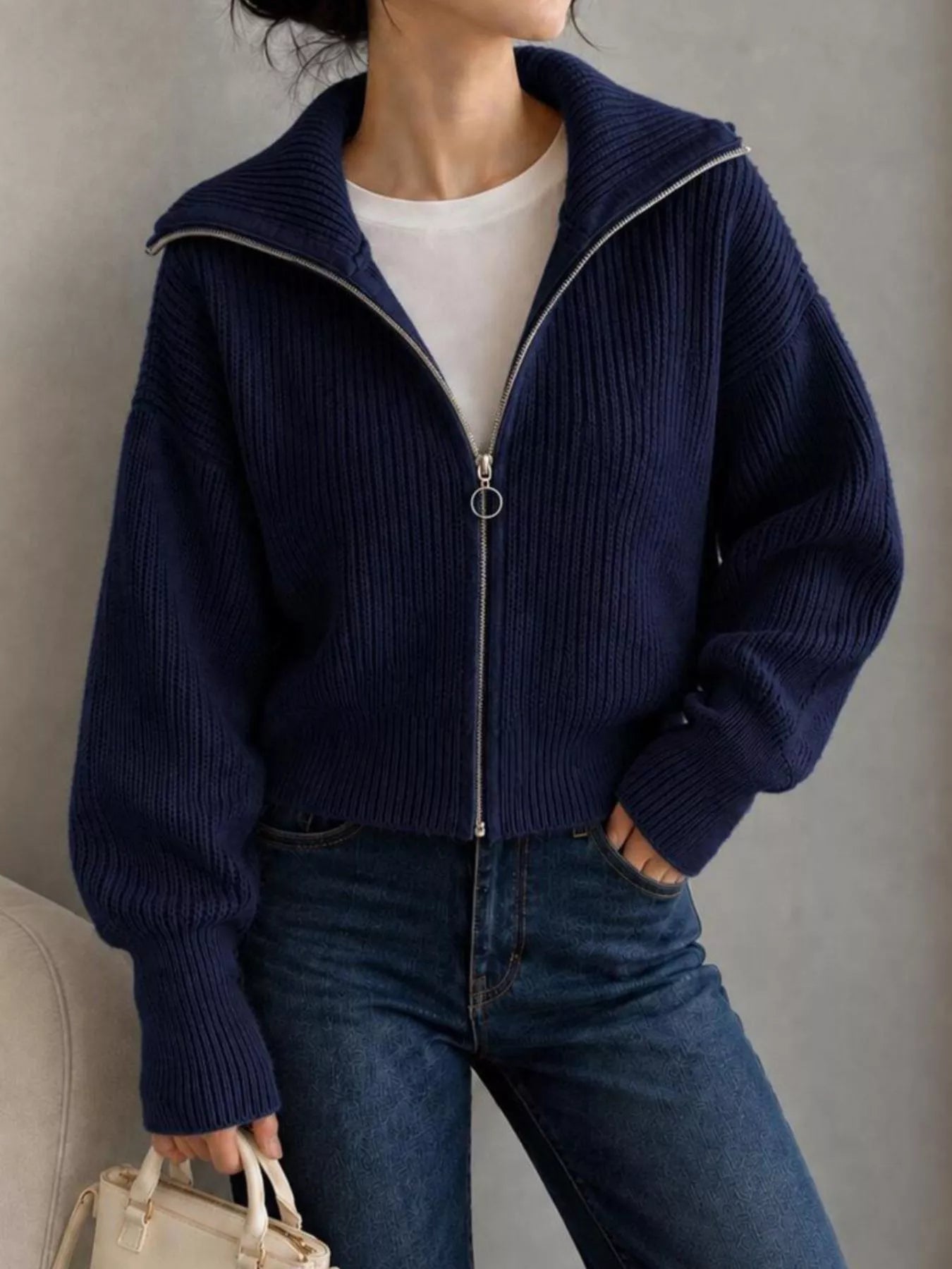 Trendsi Zip Up Dropped Shoulder Cardigan -