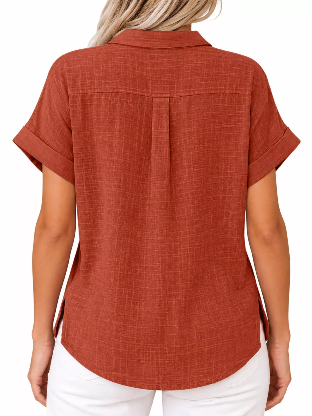 Women's Button Up Short Sleeve Shirt in rust — back view