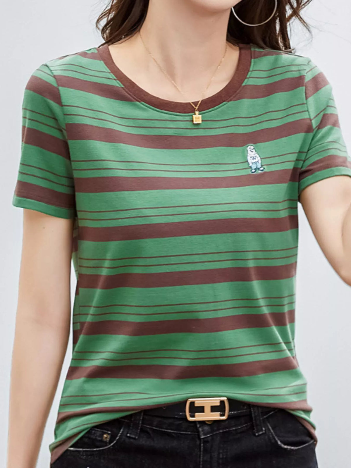 Green - Striped striped crew neck embroidered t-shirt