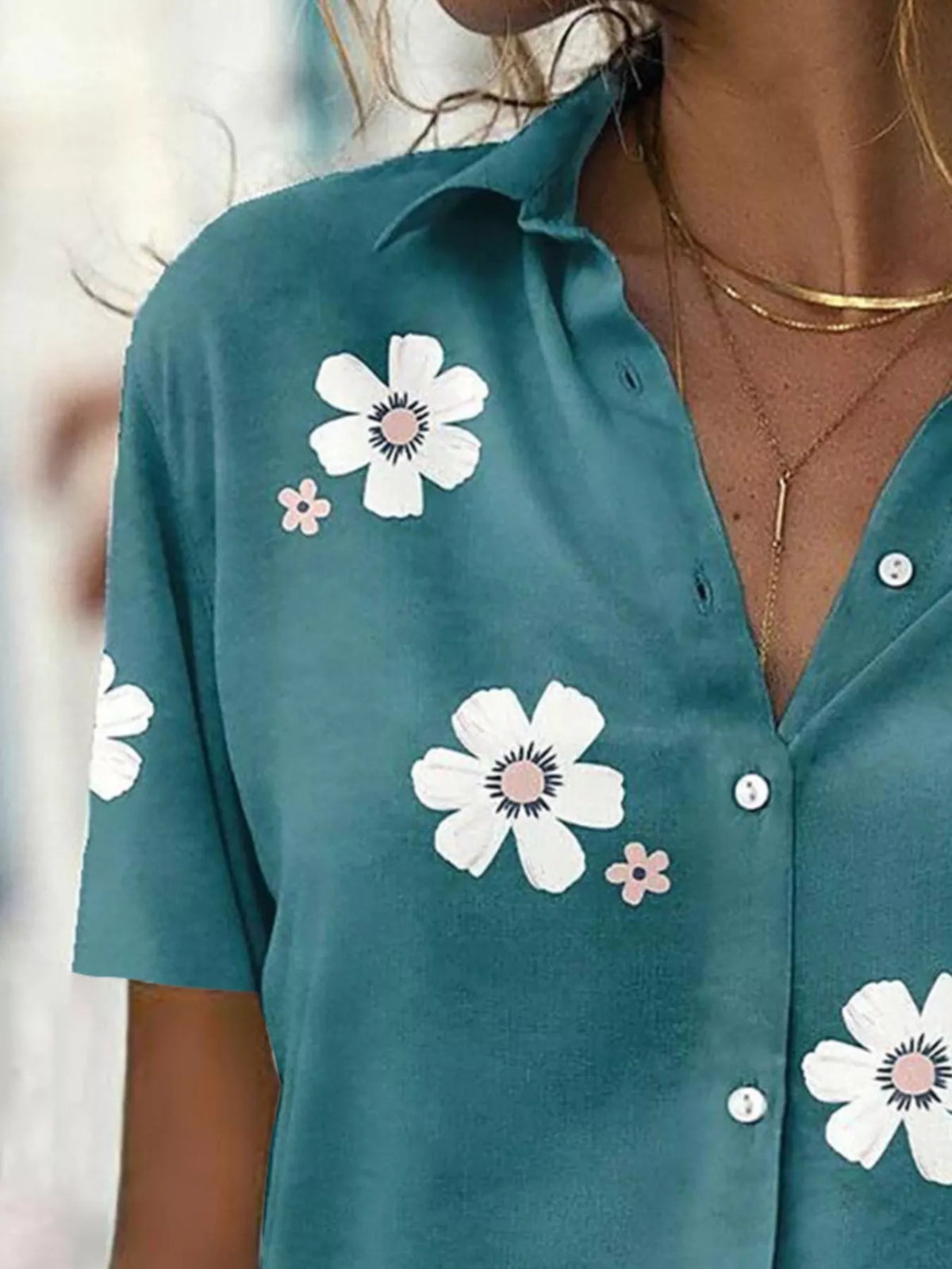 Turquoise Floral Print Button-Down Casual Shirt alternate view