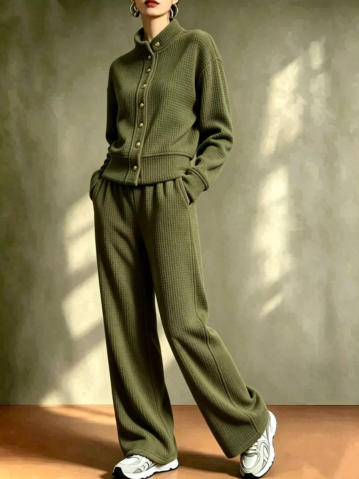 Army Green waffle knit button-up outerwear and wide-leg pants set