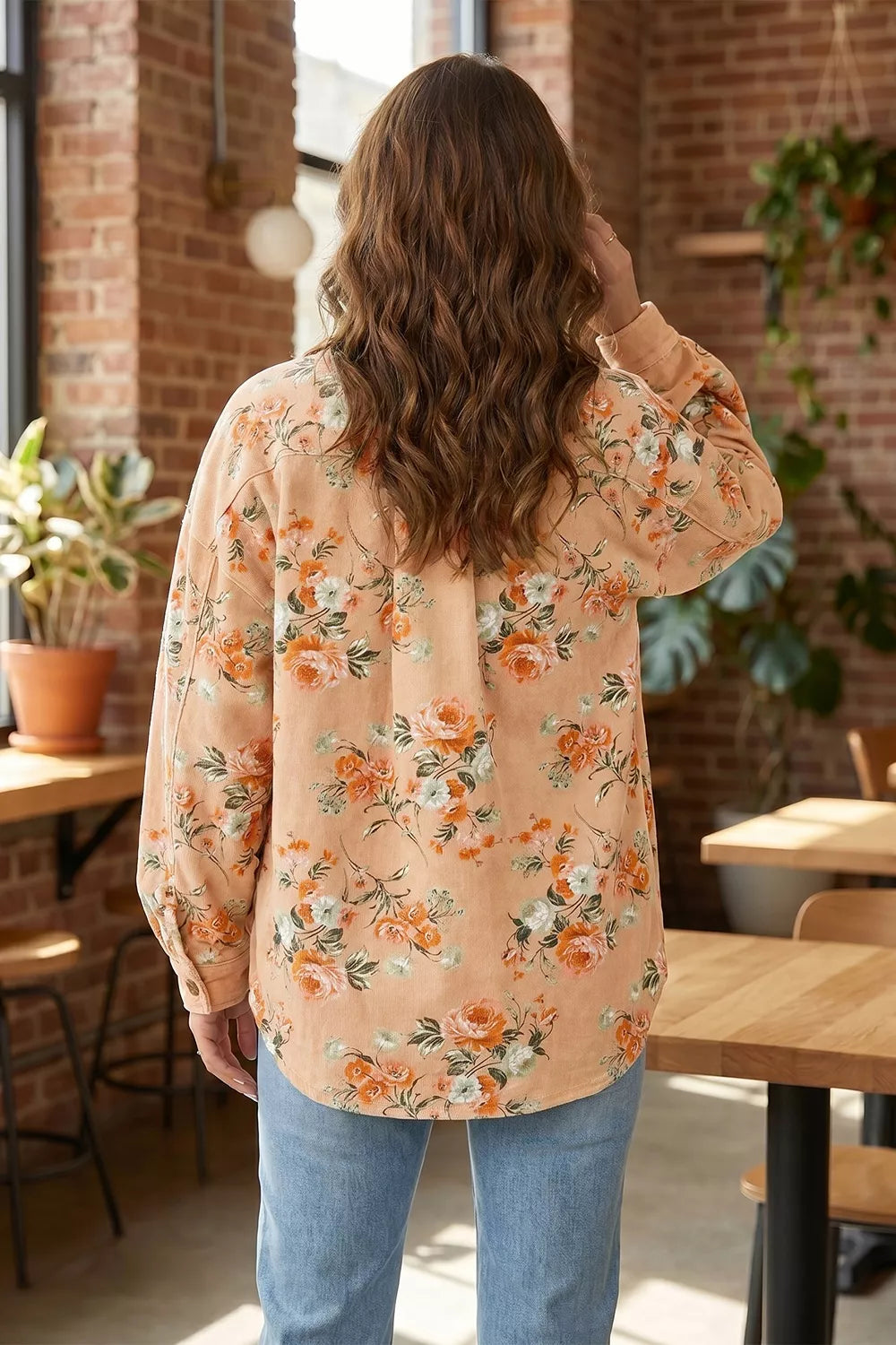 Floral print long sleeve denim jacket