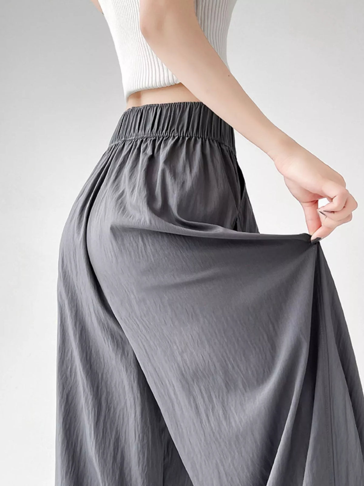 Women's High-Waisted Loose Fit Wide-Leg Casual Pants in gray — fabric detail view