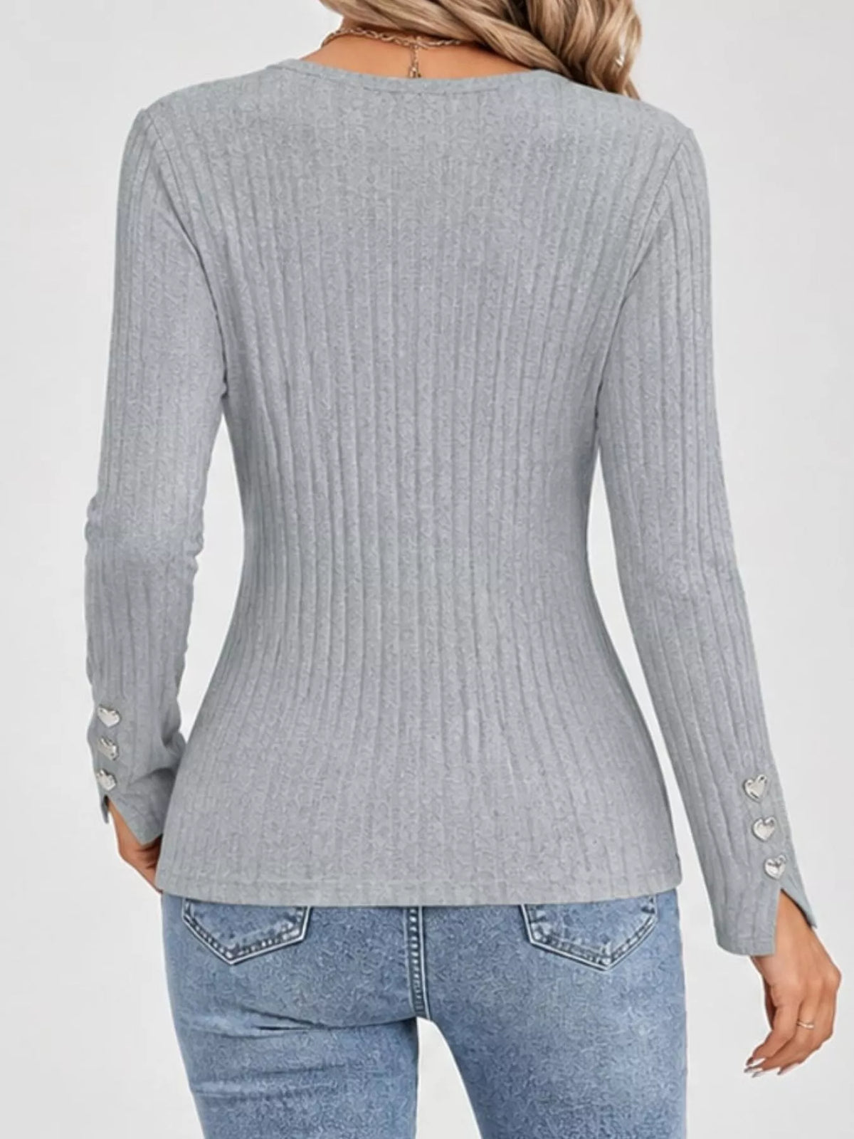 Gray Lace Trim V-Neck Ribbed Knit Top with Heart Decor Cuffs, back view