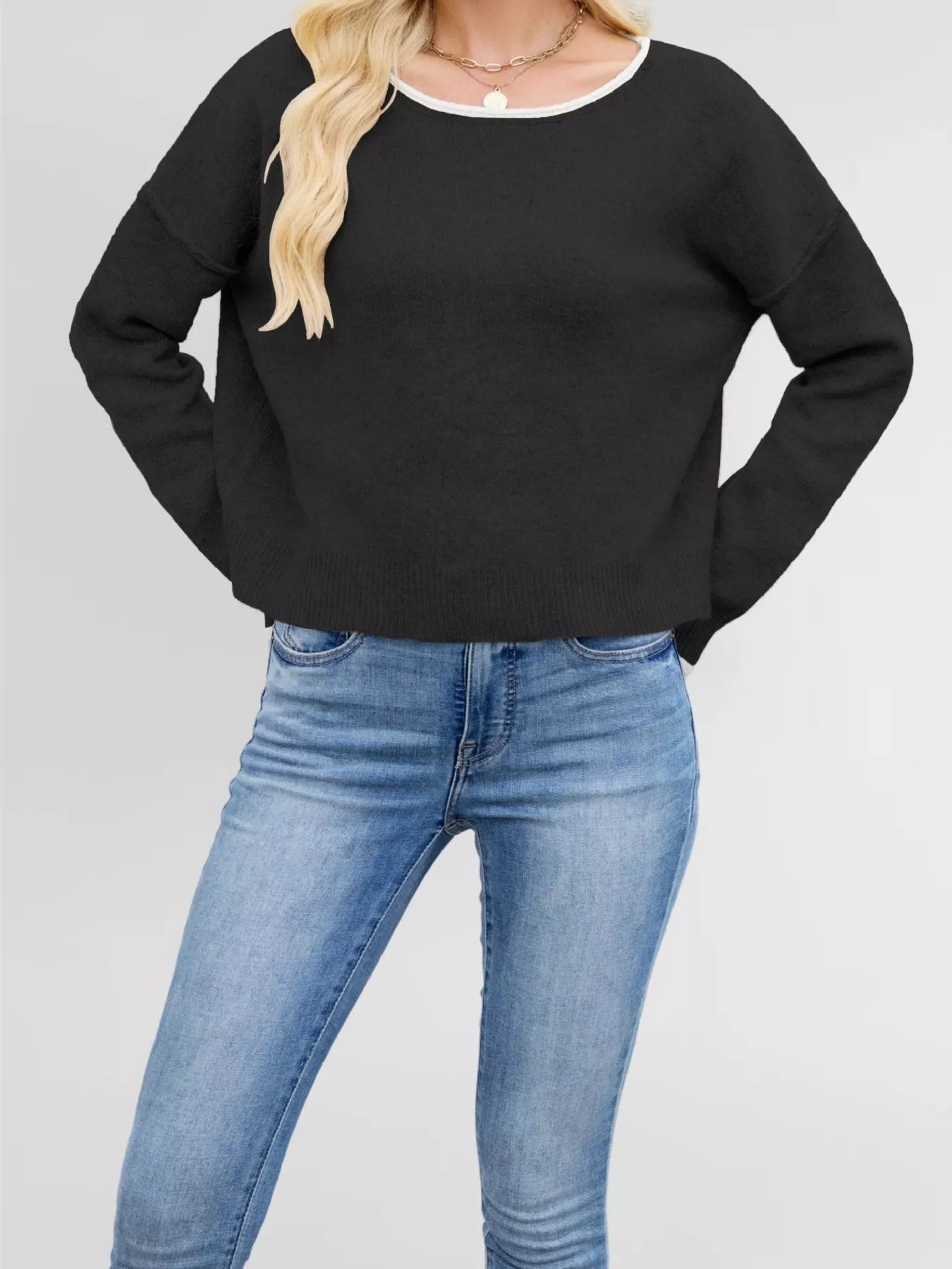 Trendsi Contrast Trim Dropped Shoulder Sweater -