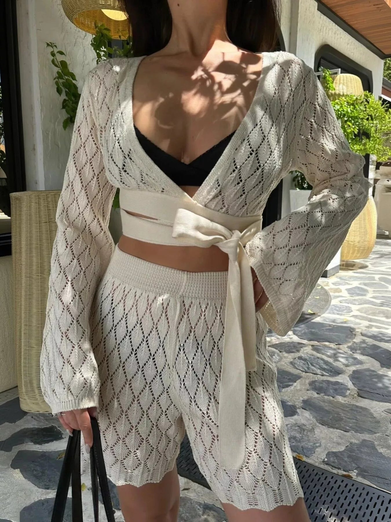 Trendsi Openwork Long Sleeve Top and Shorts Set -