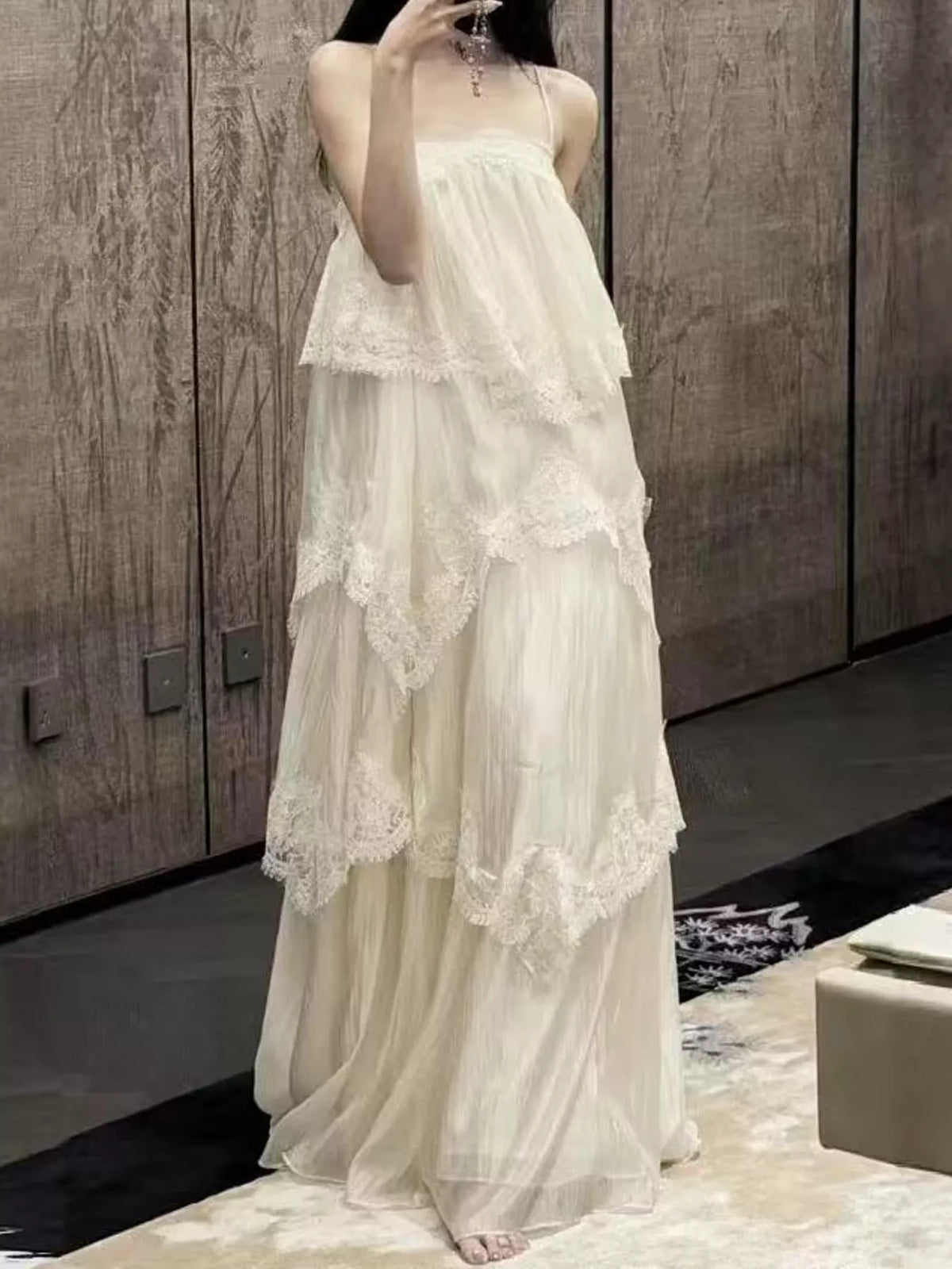 spaghetti-strap maxi dress, front view on model