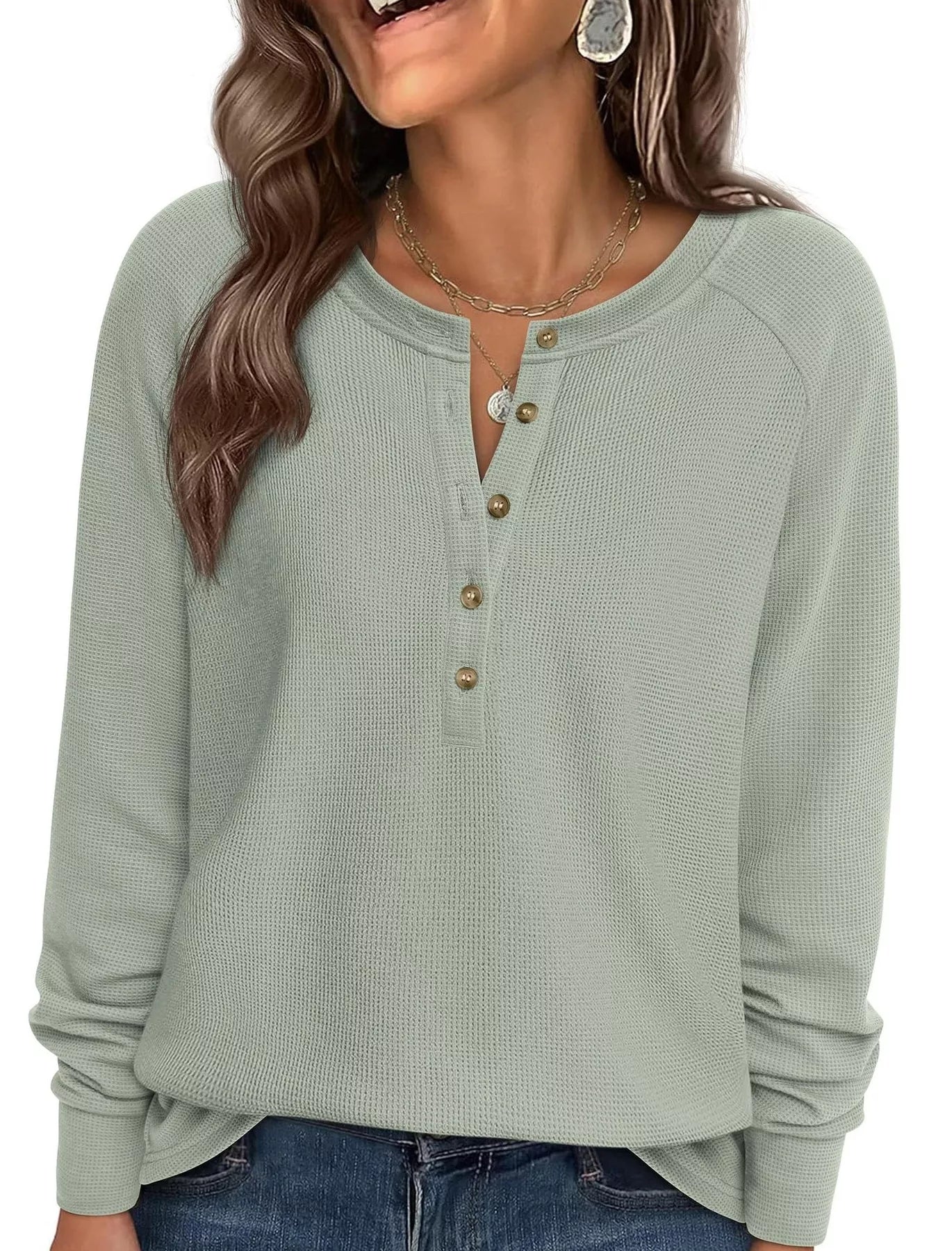 Trendsi Waffle Knit Henley Long Sleeve T-Shirt -