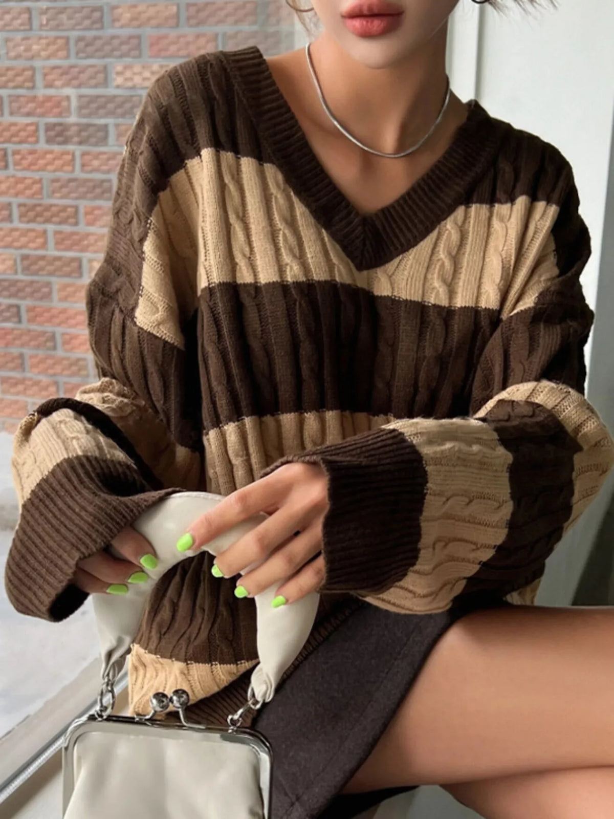 Women's V-Neck Striped Cable Knit Sweater in Brown, front view