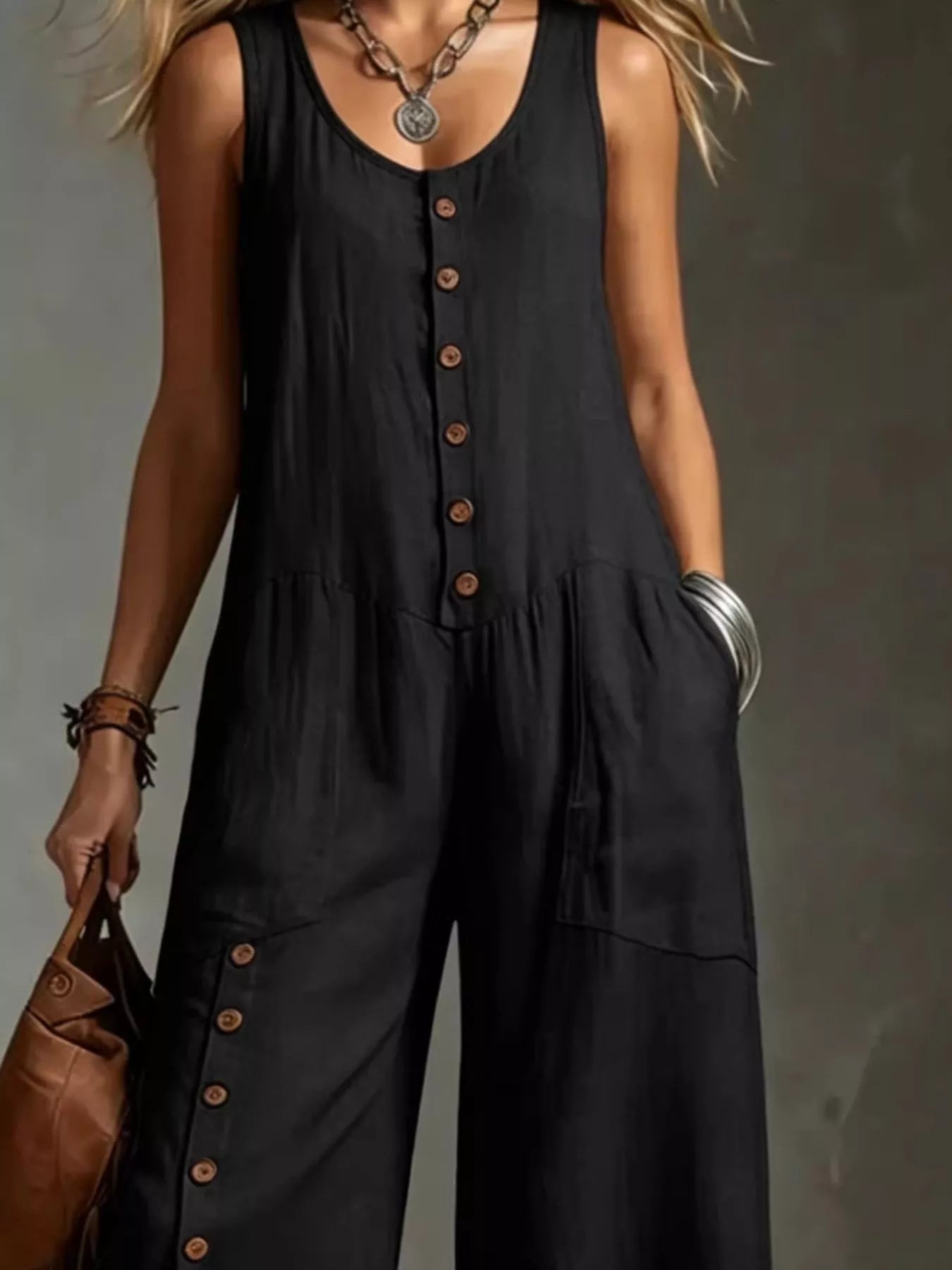 Trendsi Full Size Sleeveless Button-Down Wide-Leg Jumpsuit Plus Size -