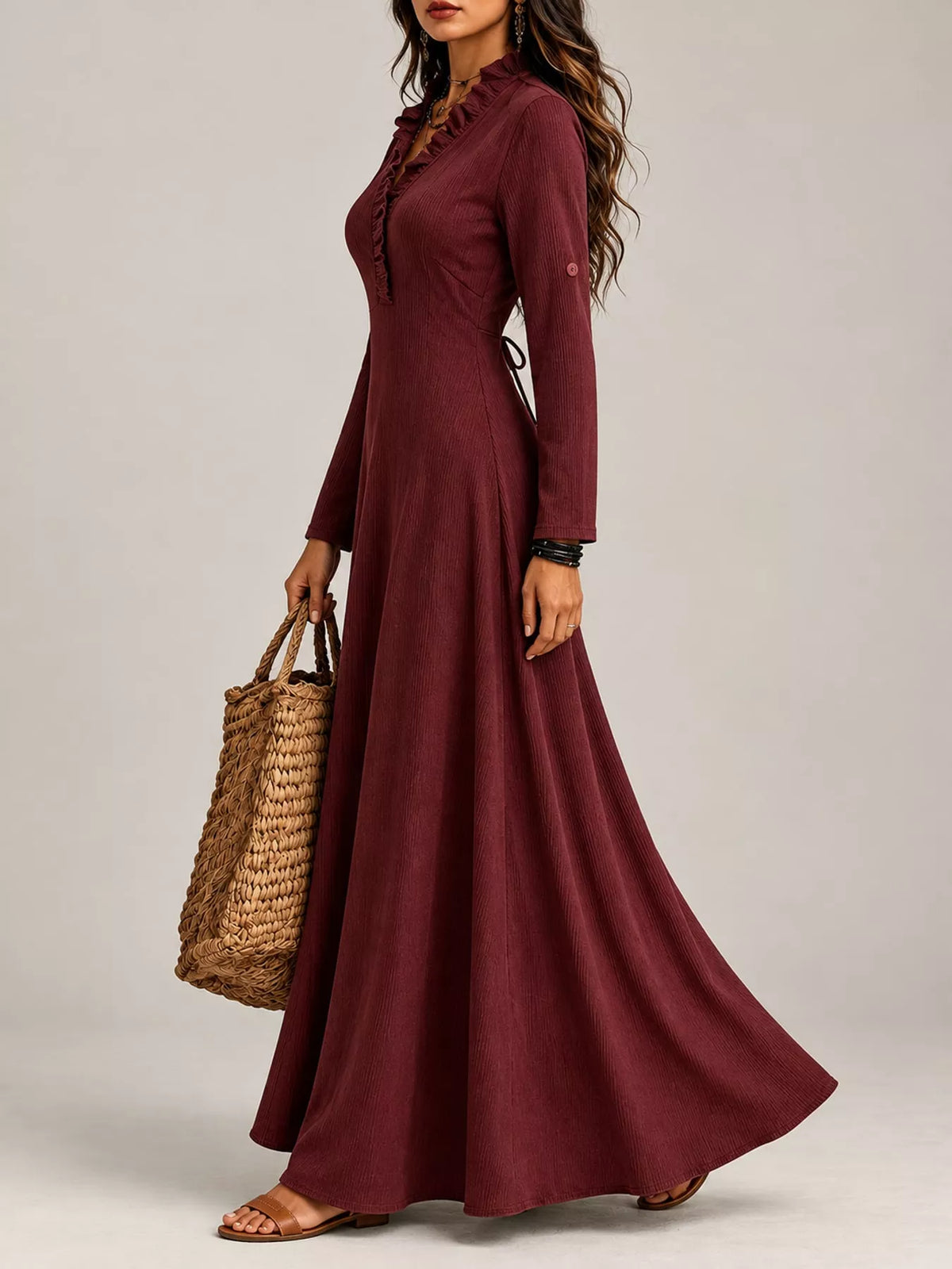 Frill-trim maxi dress, burgundy side