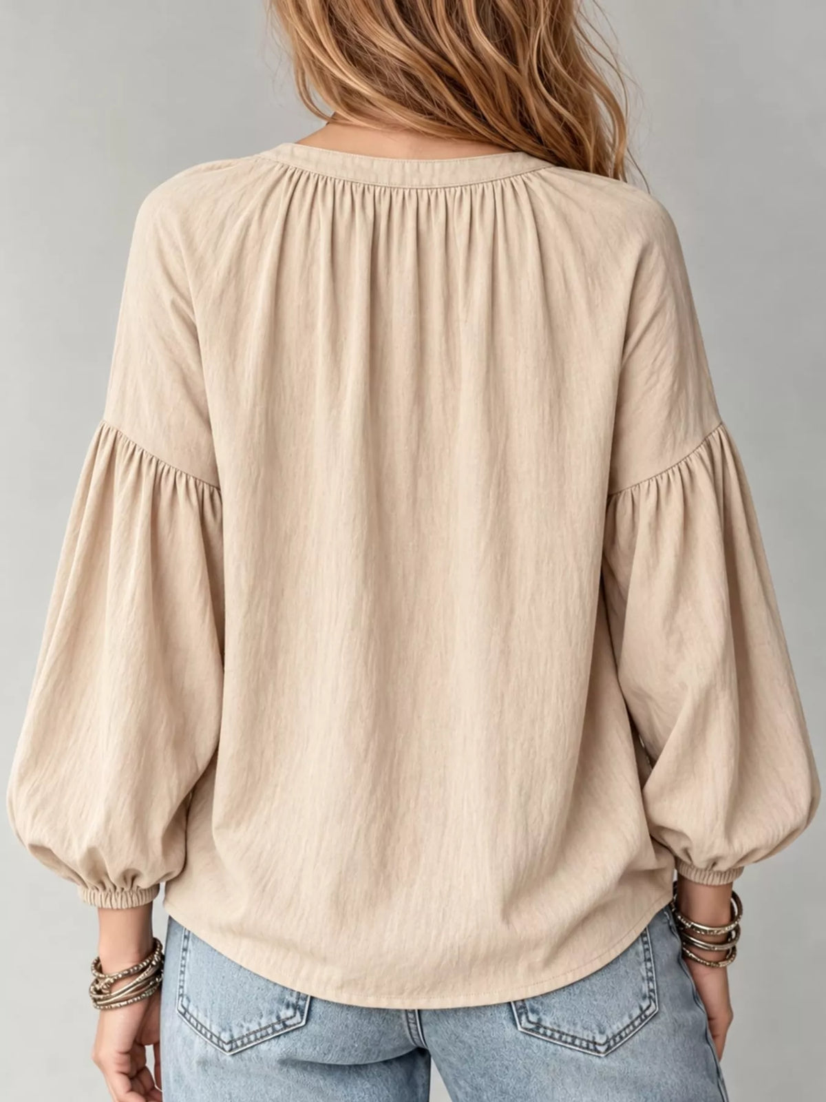 Notched Balloon Sleeve Blouse in beige, back view