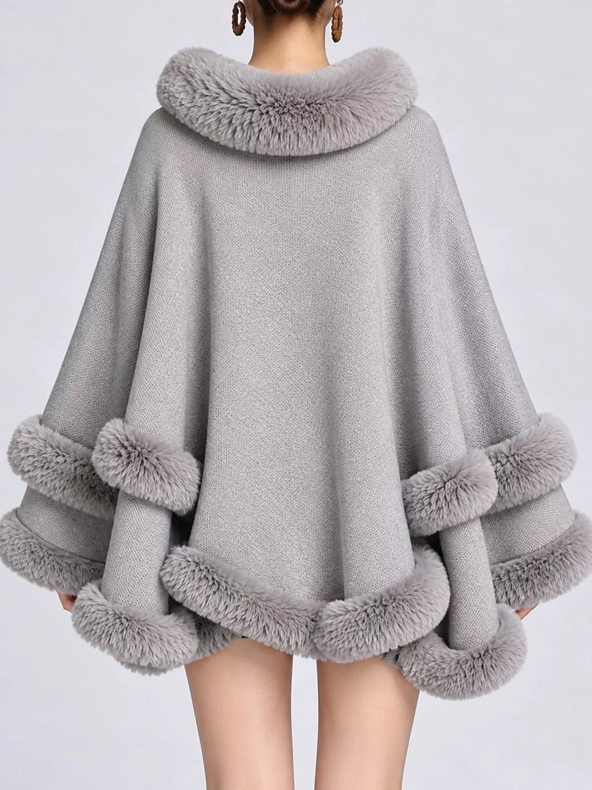 Faux-fur-trim cape, light gray back