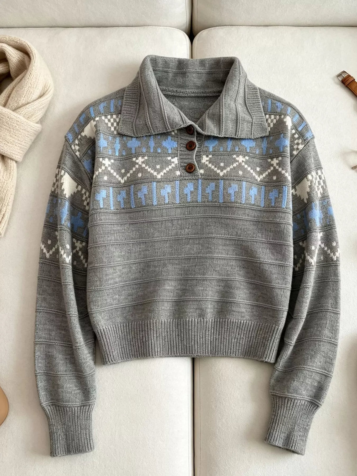 Gray fair isle polo-collar sweater, front flat lay.