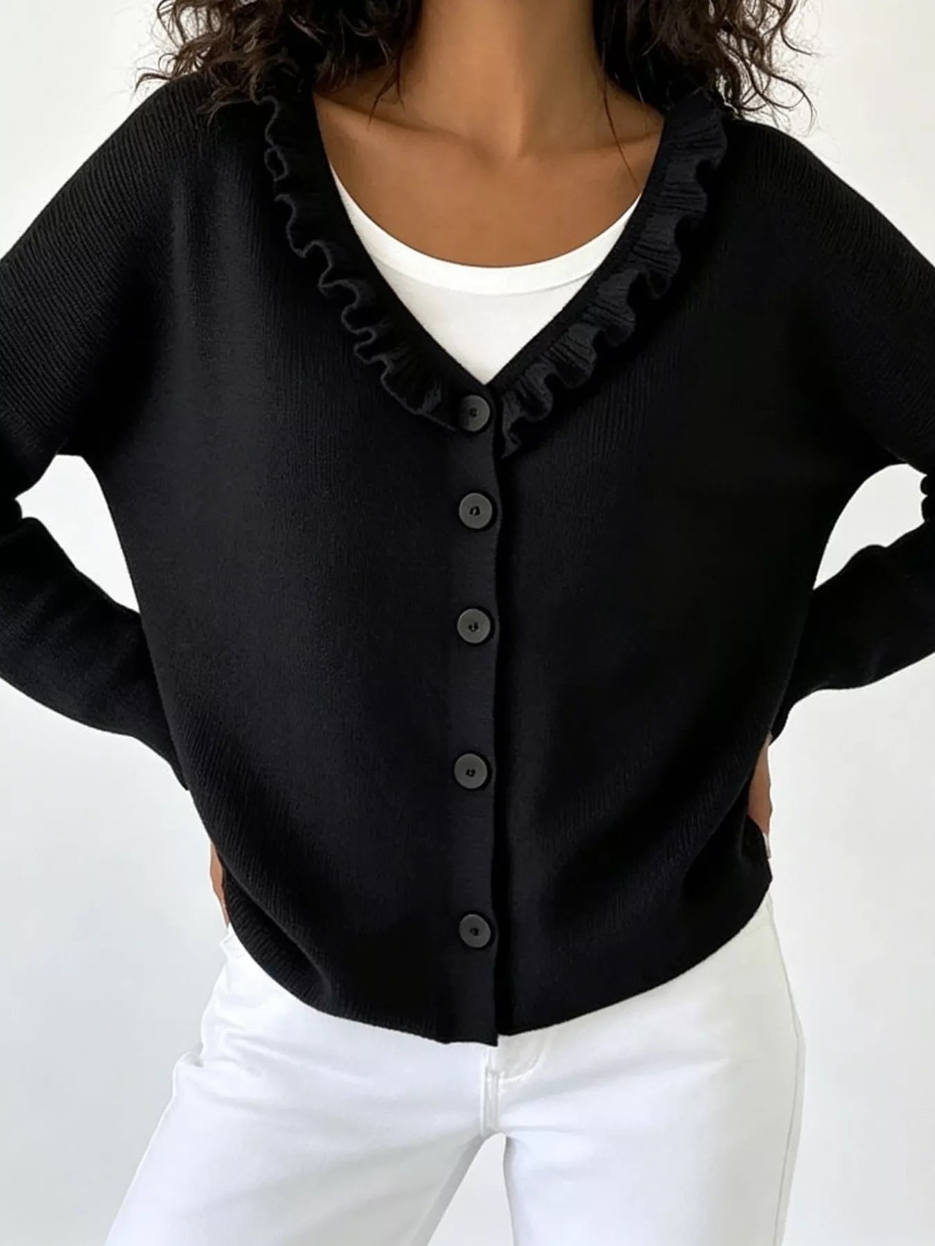 Trendsi Ruffled Neckline Button-Up Cardigan -