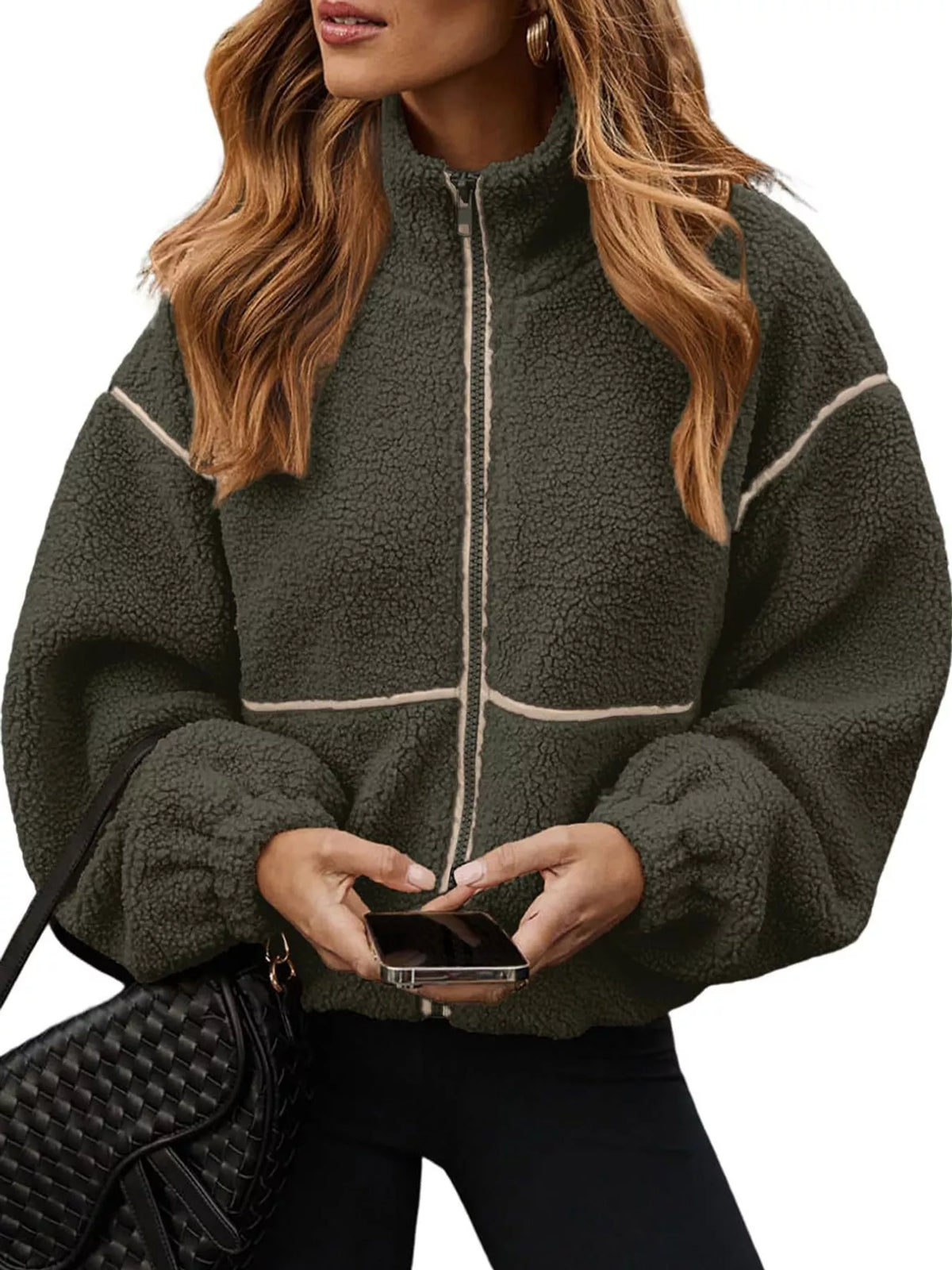 Stand Collar Sherpa Fleece Zip-Up Jacket — front view