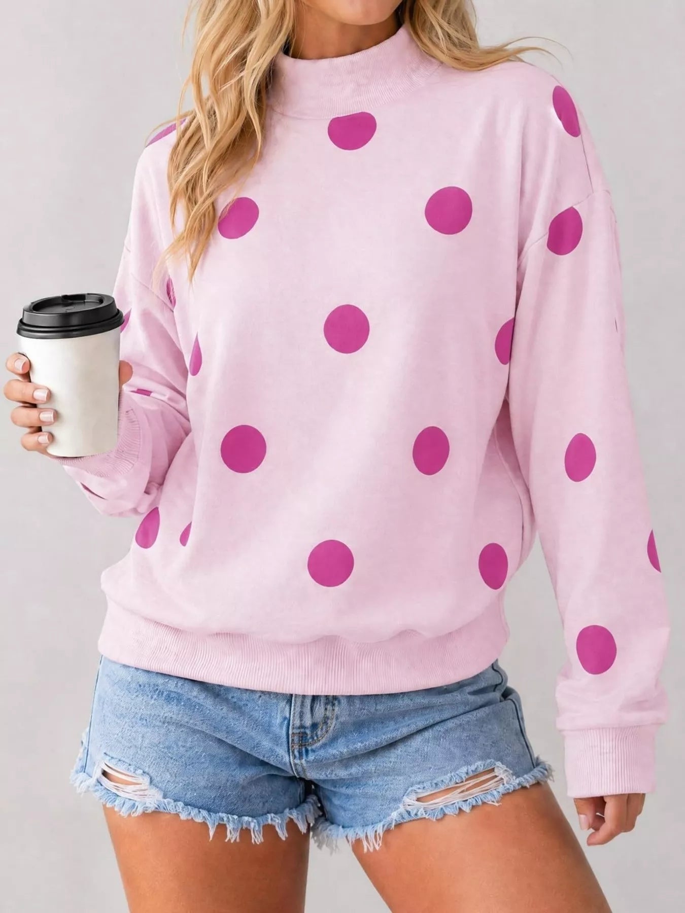 Trendsi Mock Neck Polka Dot Print Oversized Sweatshirt -