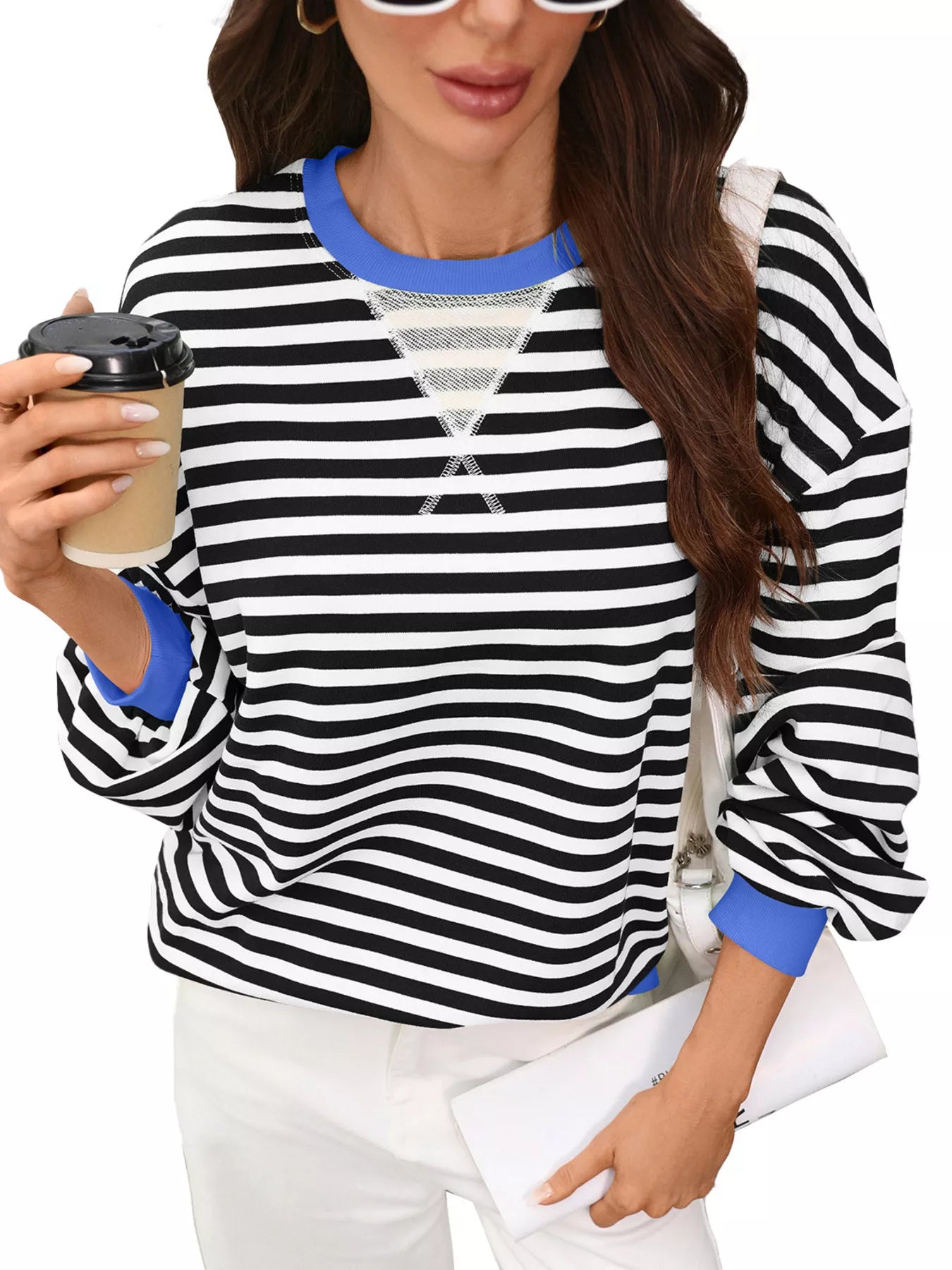 Trendsi Contrast Trim Striped Crew Neck Sweatshirt -