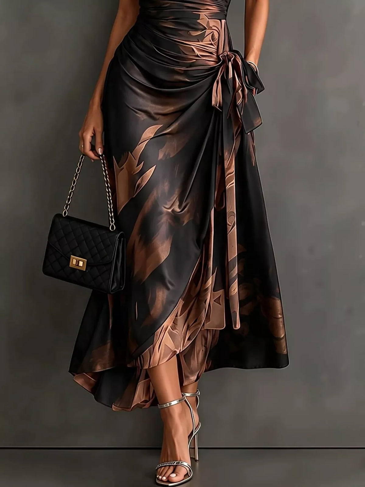 Brown and black tie-detail surplice dress, midi skirt detail