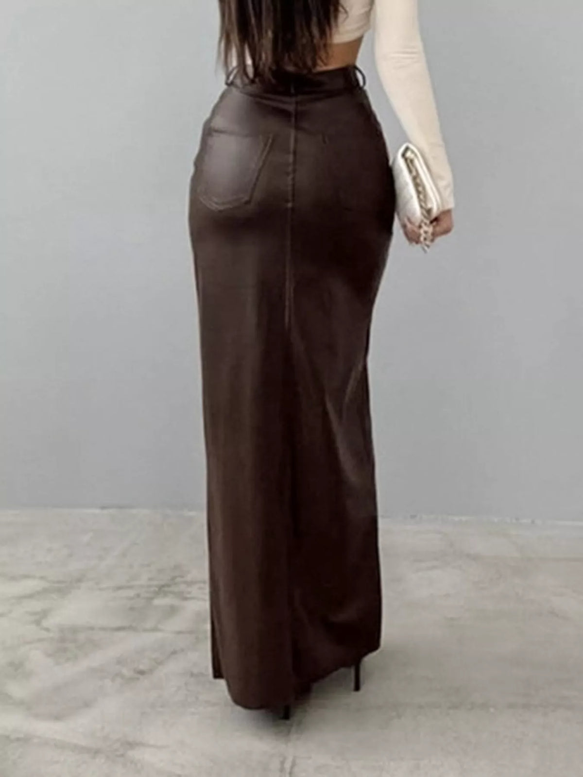 High-Waisted Faux Leather Maxi Skirt with Front Slit — back view