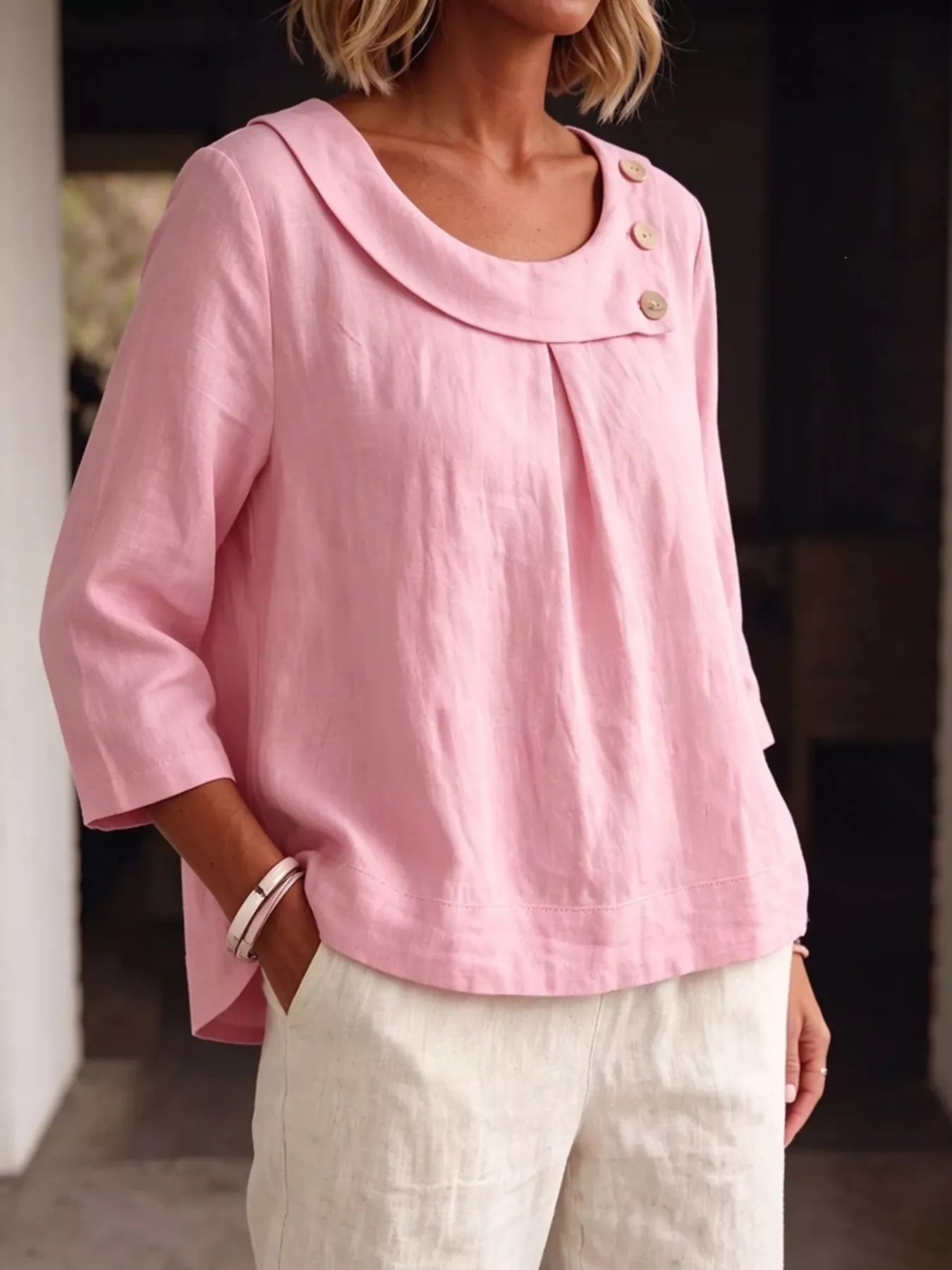 Trendsi Linen Blend Blouse with Decorative Buttons -